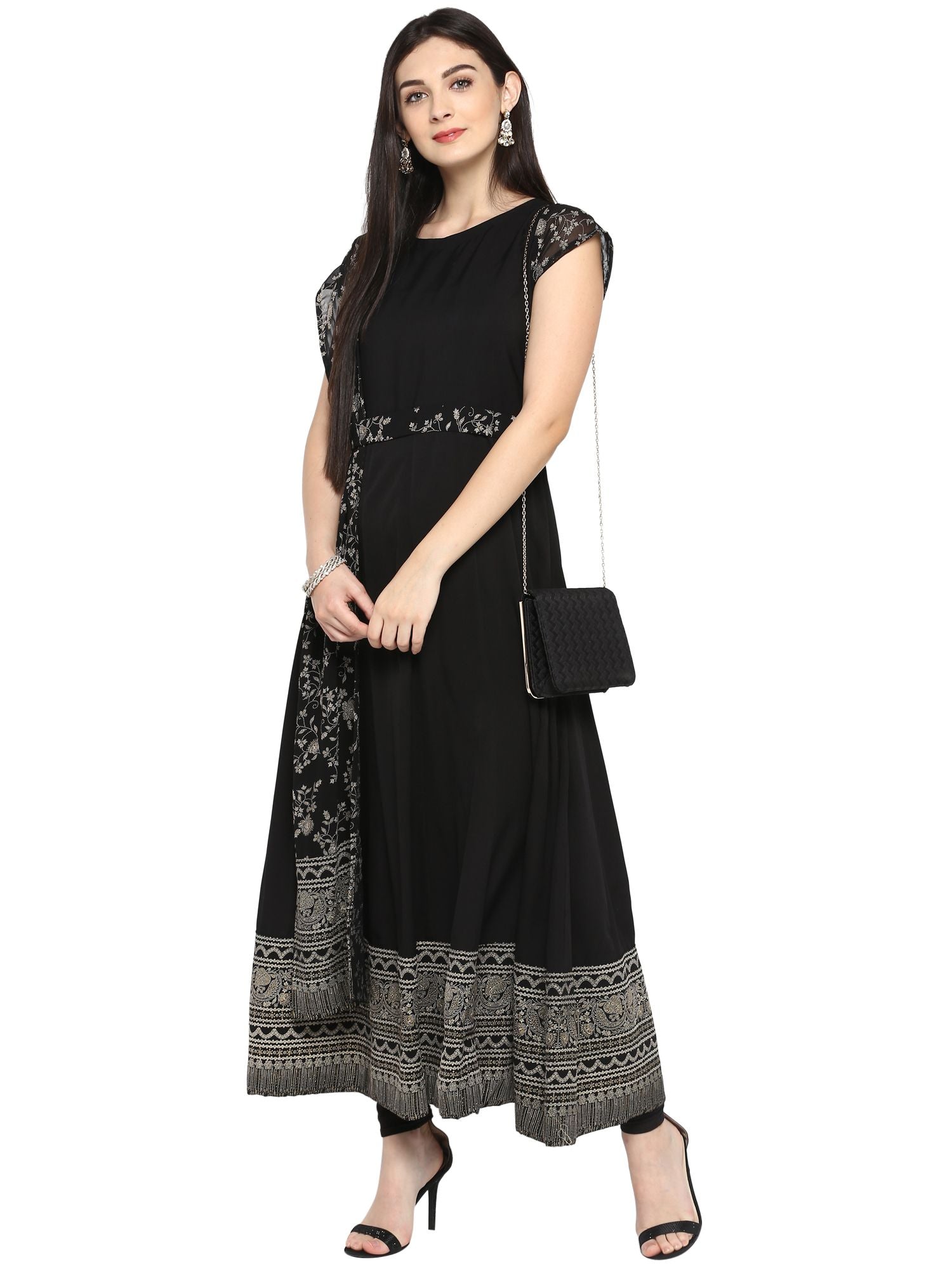 Black Printed Kurta with Attached Dupatta