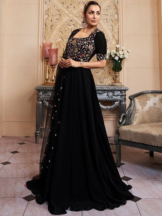 Floral Embroidered Fit & Flare Maxi Ethnic Dress With Dupatta - Inddus.in