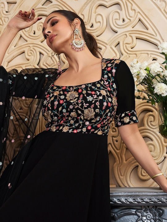 Floral Embroidered Fit & Flare Maxi Ethnic Dress With Dupatta - Inddus.in