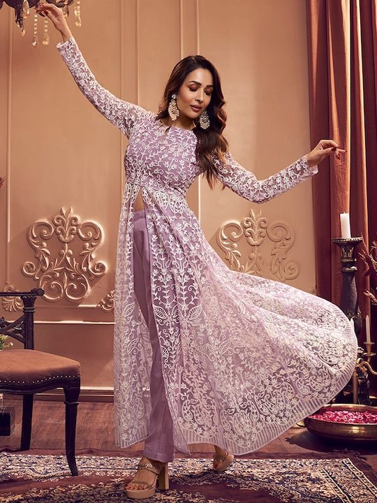Floral Embroidered Keyhole Neck Long Sleeve High Slit Thread Work Kurta Set - Inddus.in