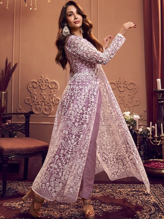 Floral Embroidered Keyhole Neck Long Sleeve High Slit Thread Work Kurta Set - Inddus.in