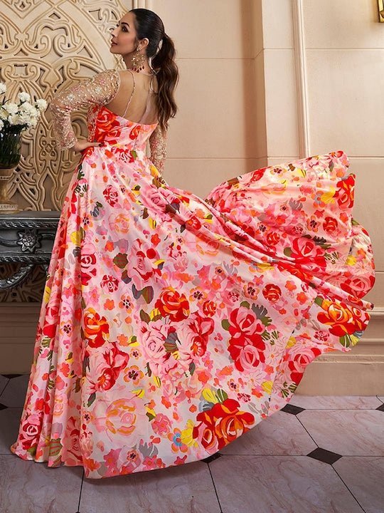 Floral Printed Thread Work Fit & Flare Ethnic Dress - Inddus.in