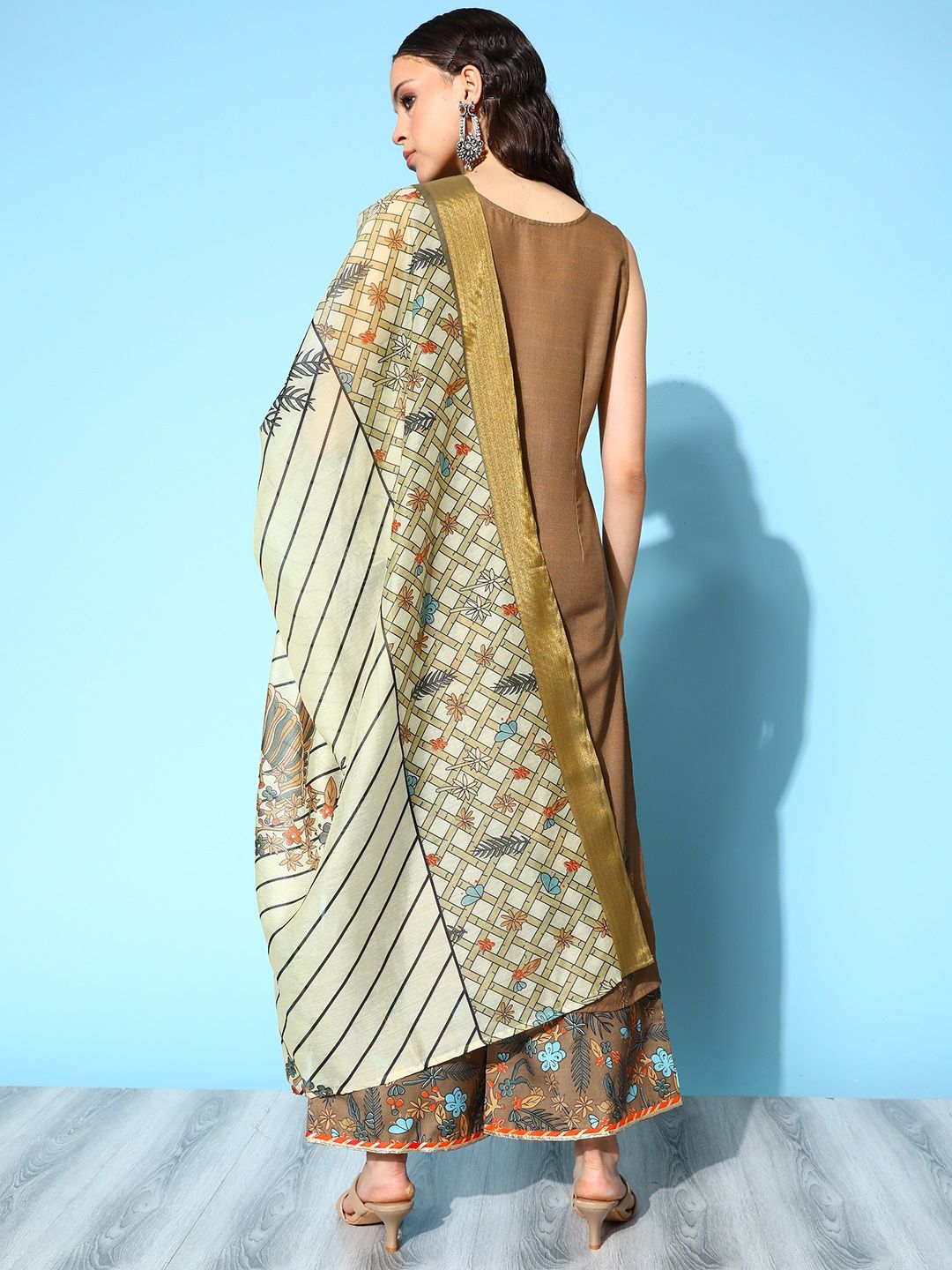 Brown Pure Cotton Blend Digital Printed Kurta Palazzo Set With Dupatta