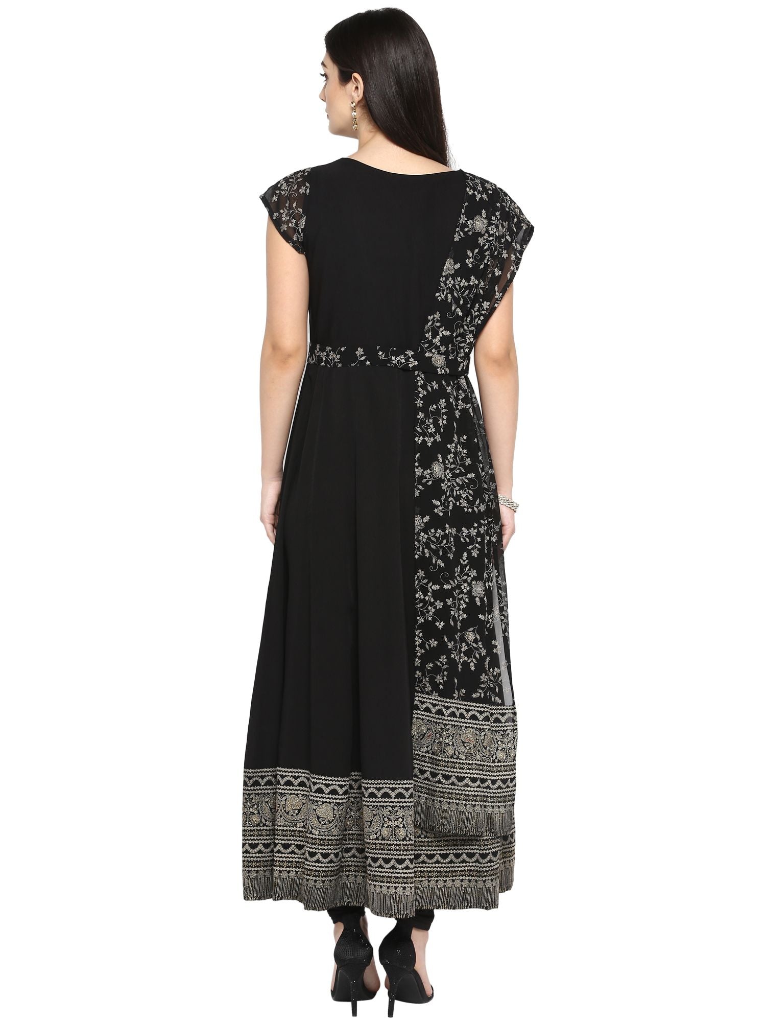 Black Printed Kurta with Attached Dupatta