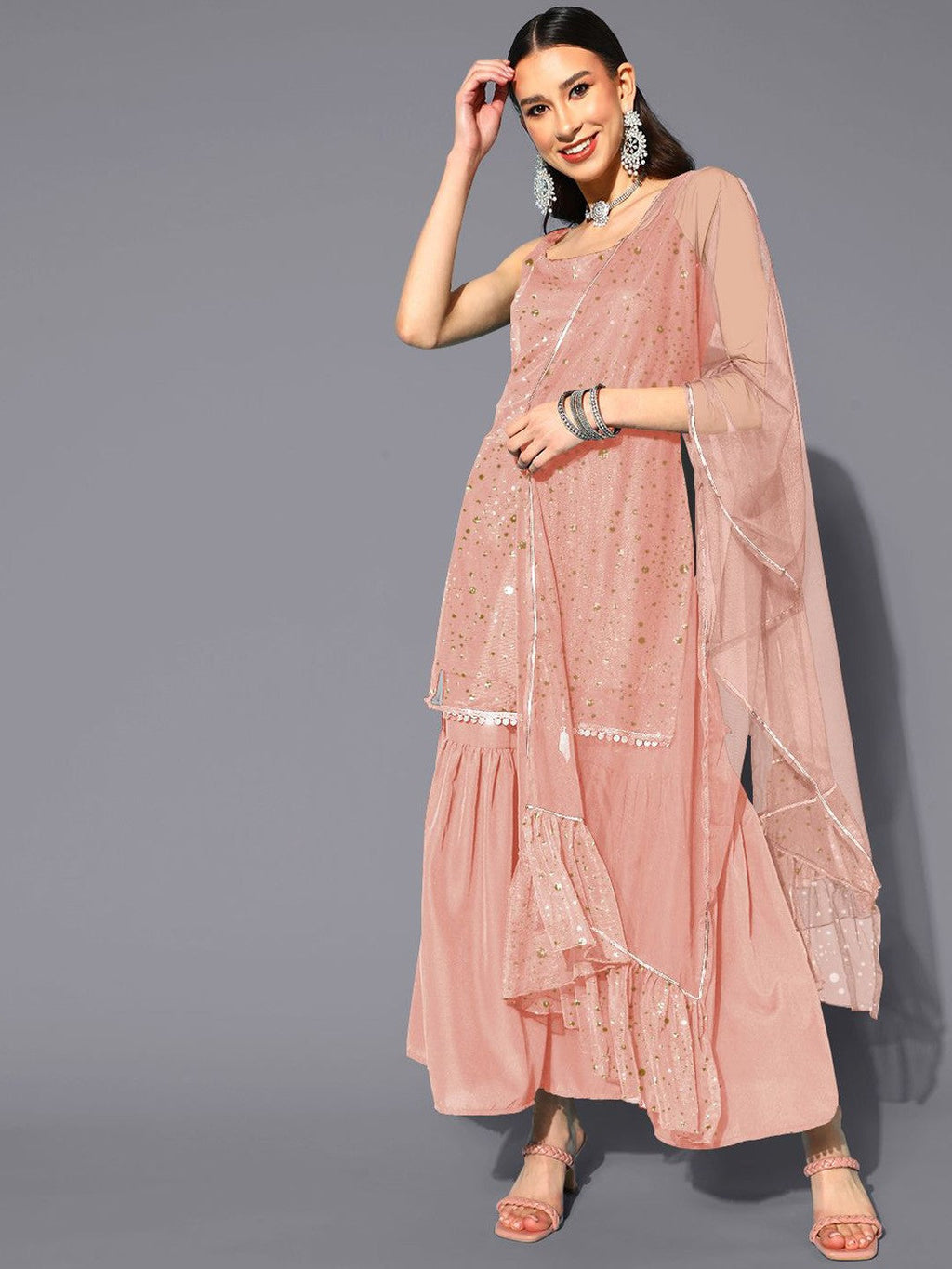 Abstract Printed Square Neck Net Kurti With Sharara & Dupatta-AH