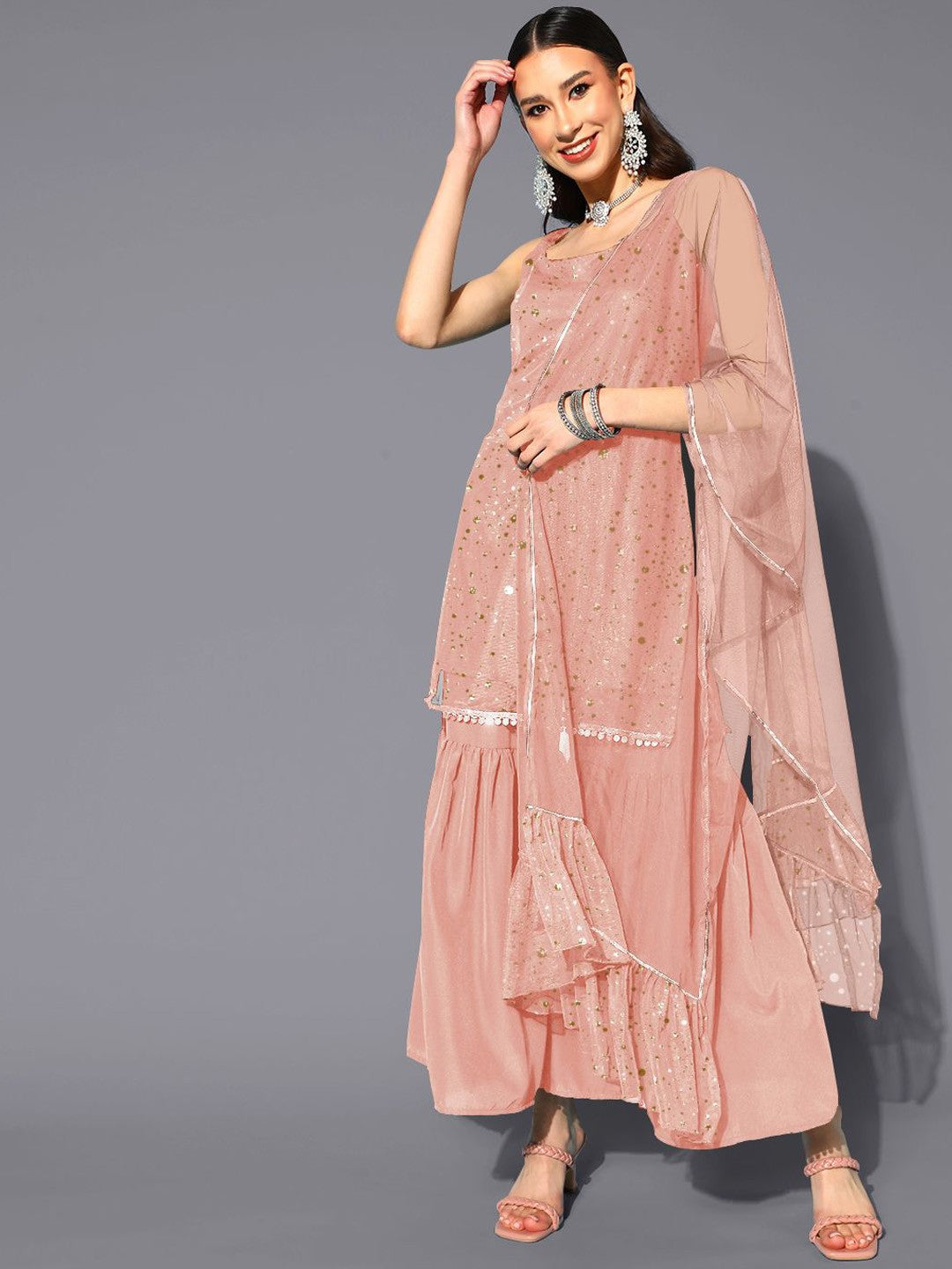 Abstract Printed Square Neck Net Kurti With Sharara & Dupatta-AH