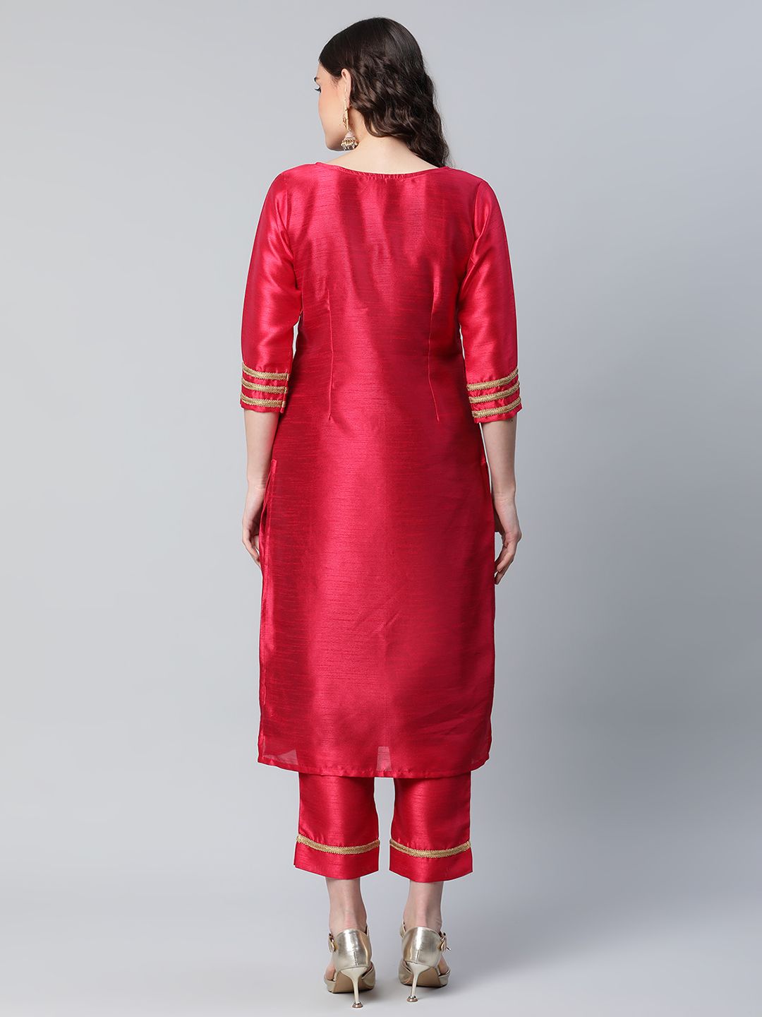 Red Art Silk Printed Kurta Pant Set