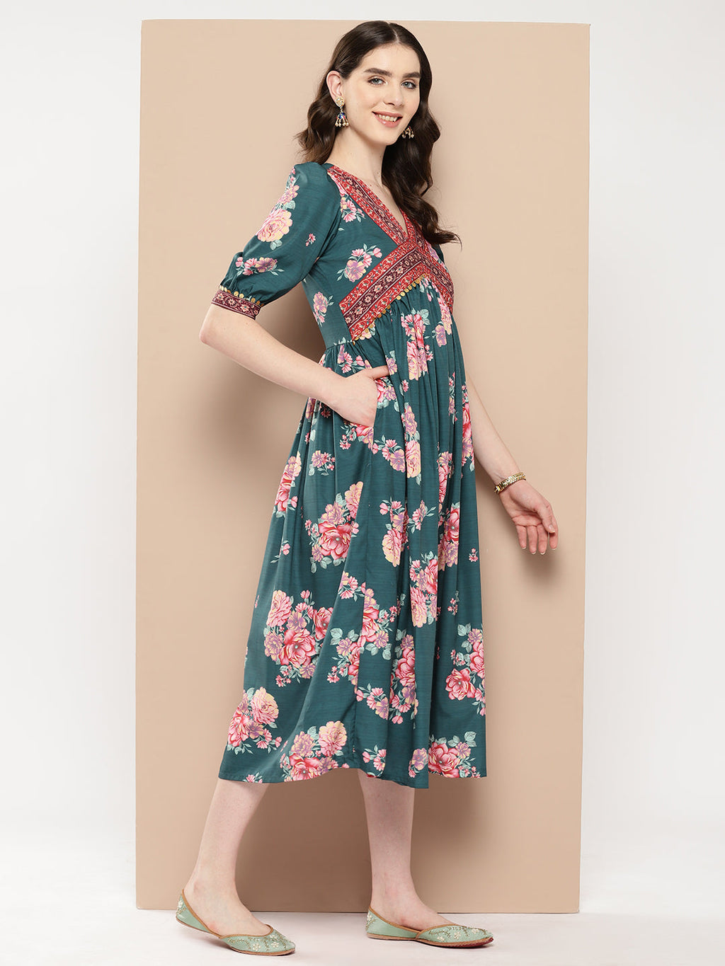 Green Floral Printed Empire Ethnic Dress-AH