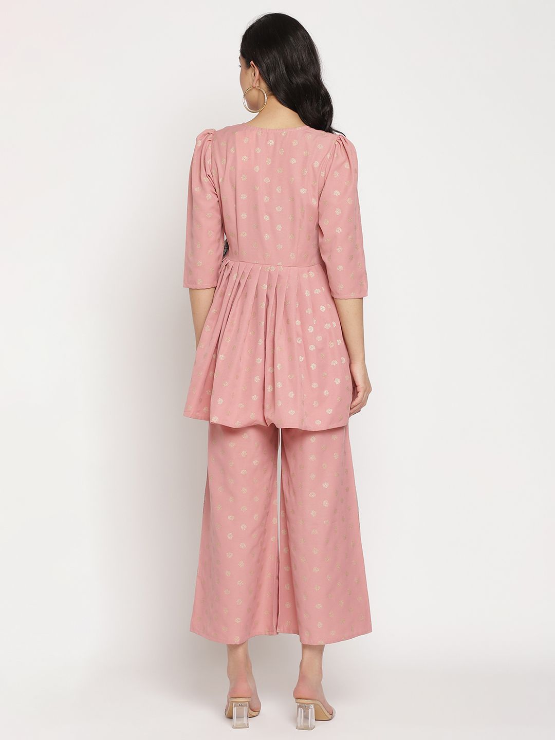 Pink Printed Angrakha Kurti with Palazzos