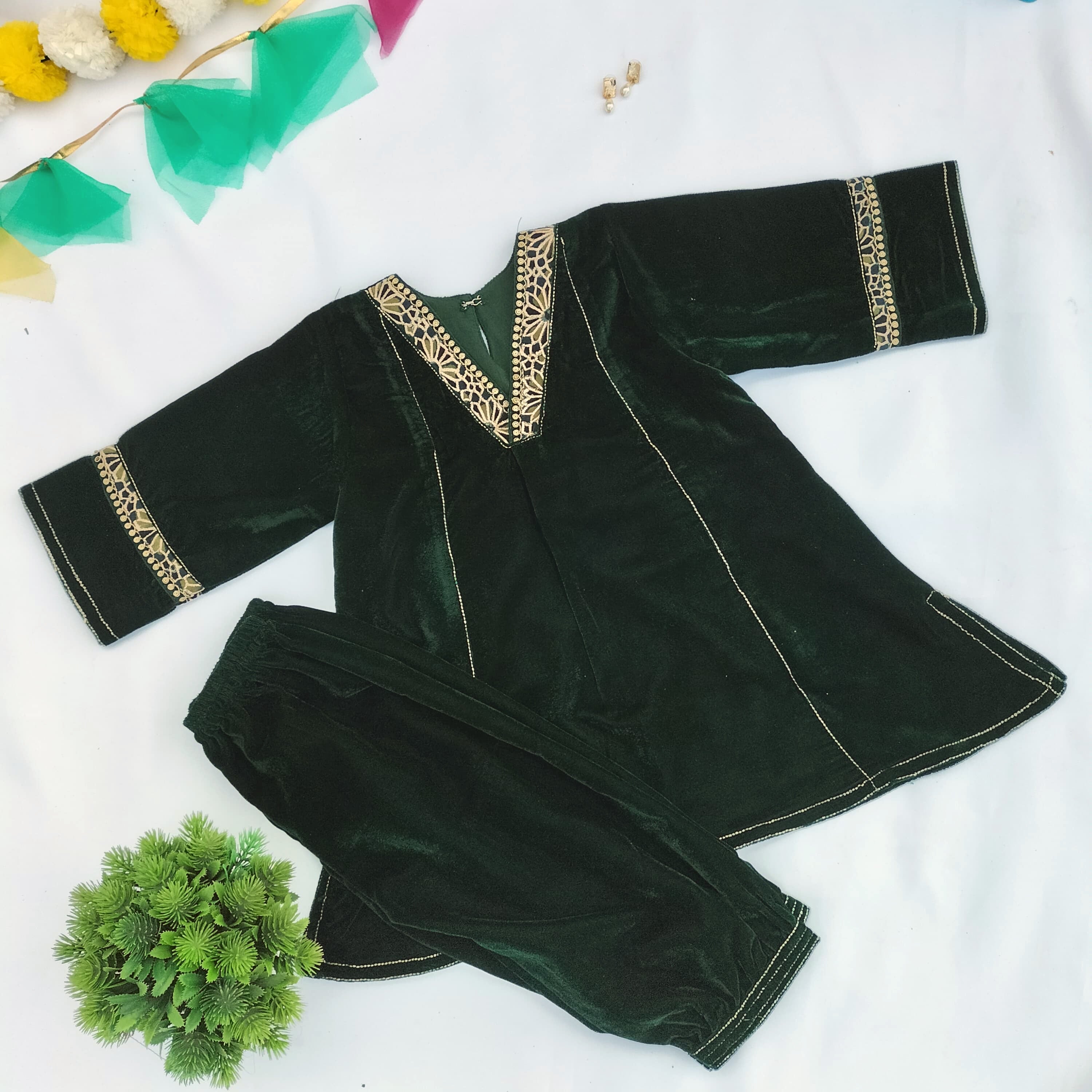 Green Velvet Patched Cordsets for Kids