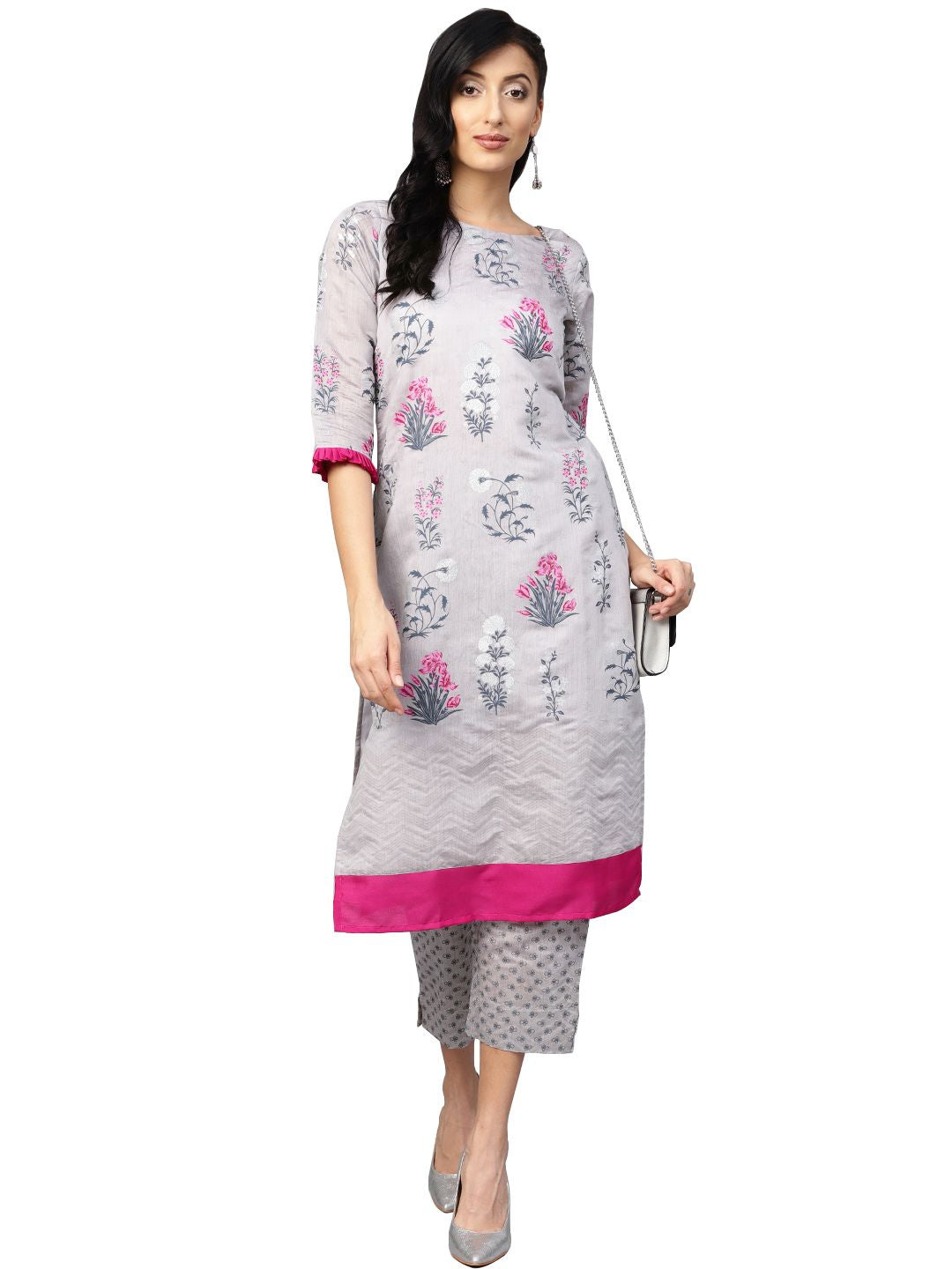 Grey Chanderi Silk Printed Kurta Pant Set