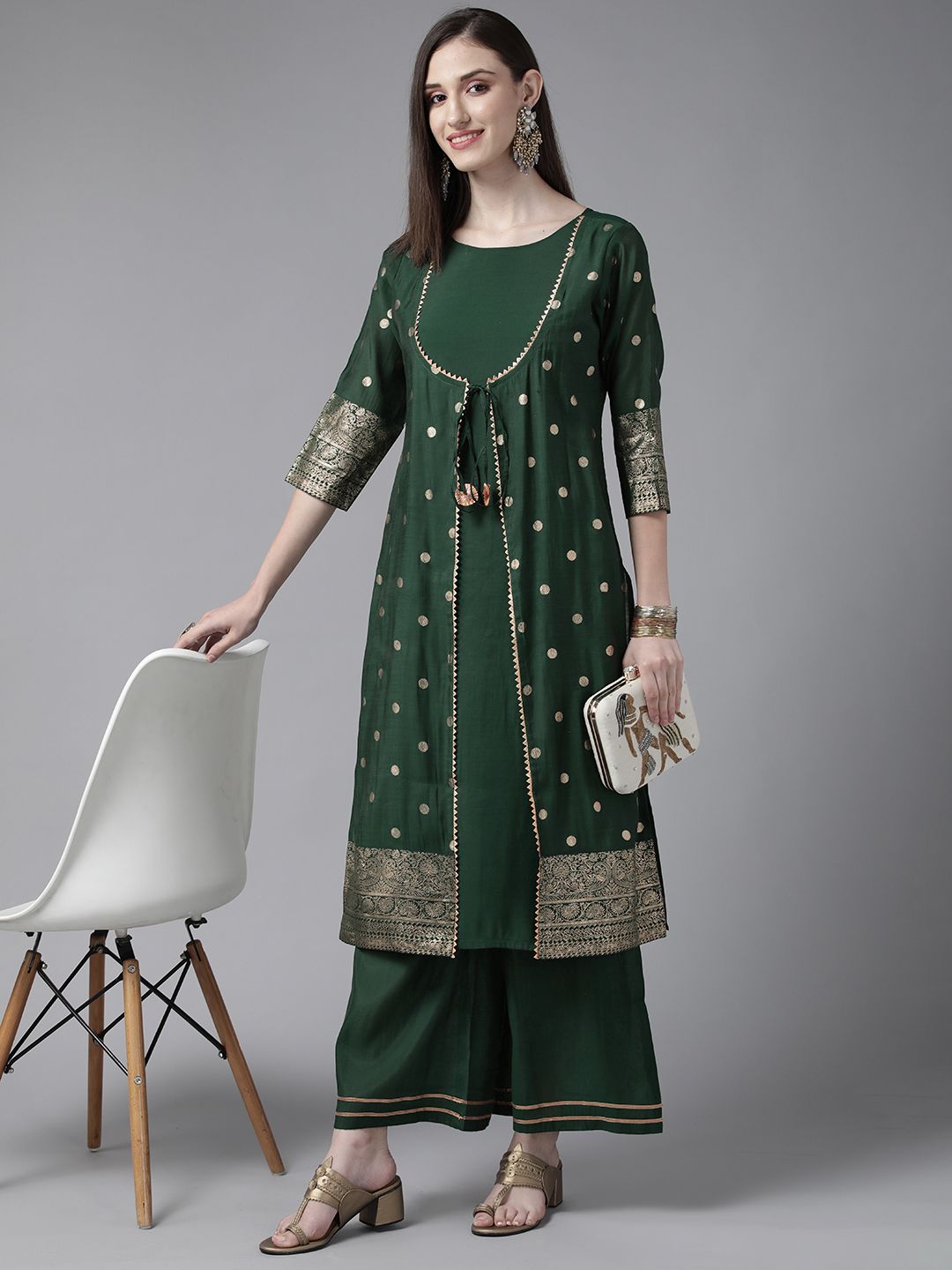 Dark Green Chanderi Gold Printed Kurta Palazzo Set