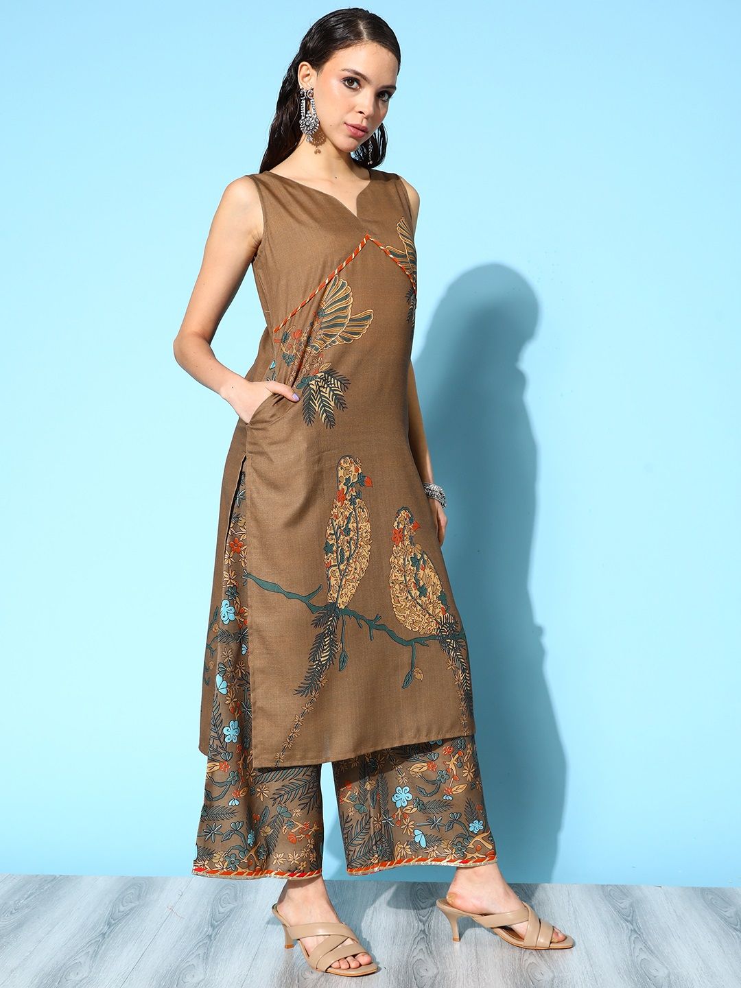 Brown Pure Cotton Blend Digital Printed Kurta Palazzo Set With Dupatta