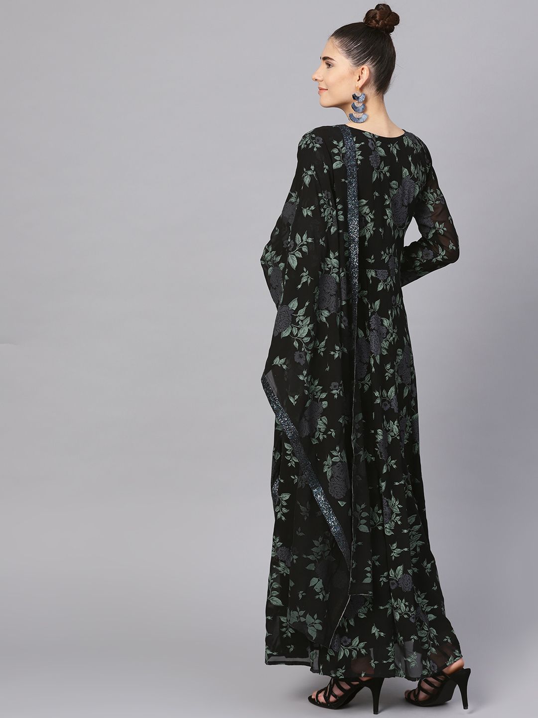 Black Printed Georgette Anarkali Kurta With Dupatta