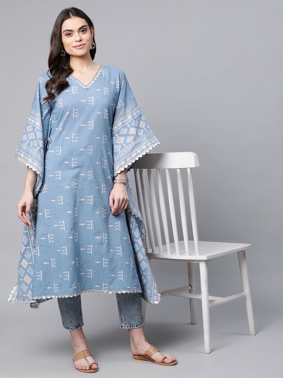 Blue Pure Cotton Printed Kaftan Kurta