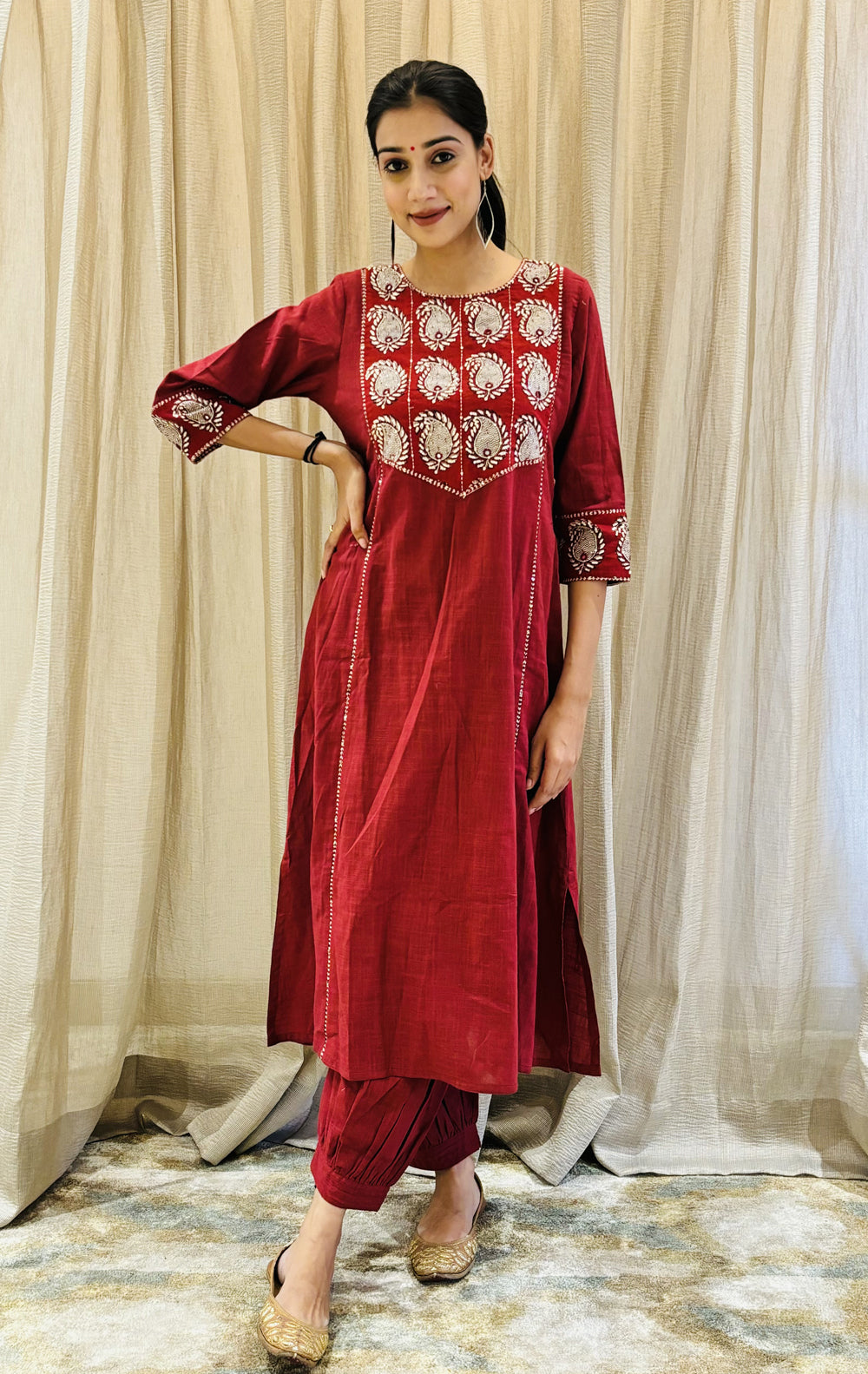 Red Paisley Applique Cotton Kurta