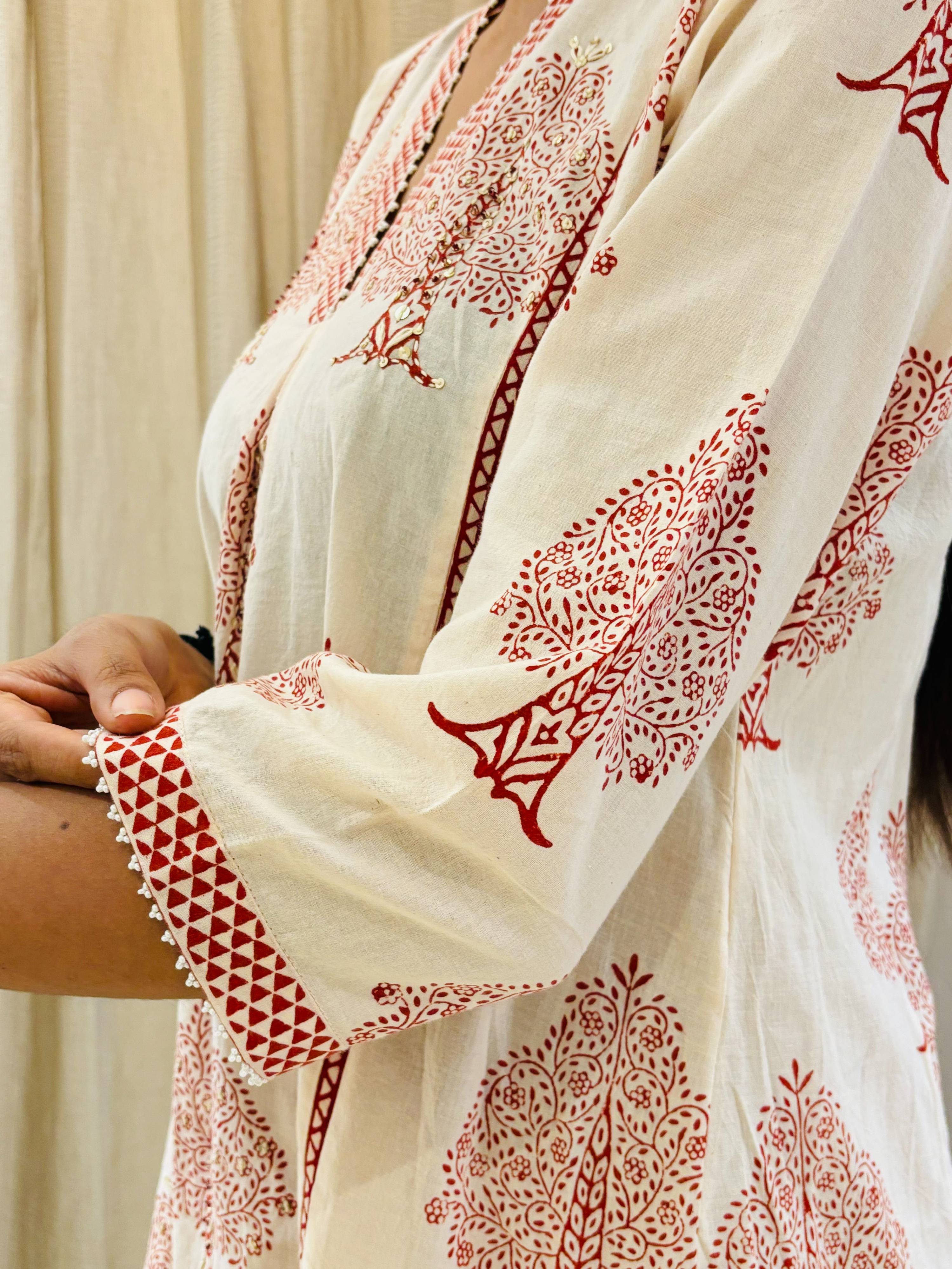 Red And White Bagh Print Hand Embroidered kurta