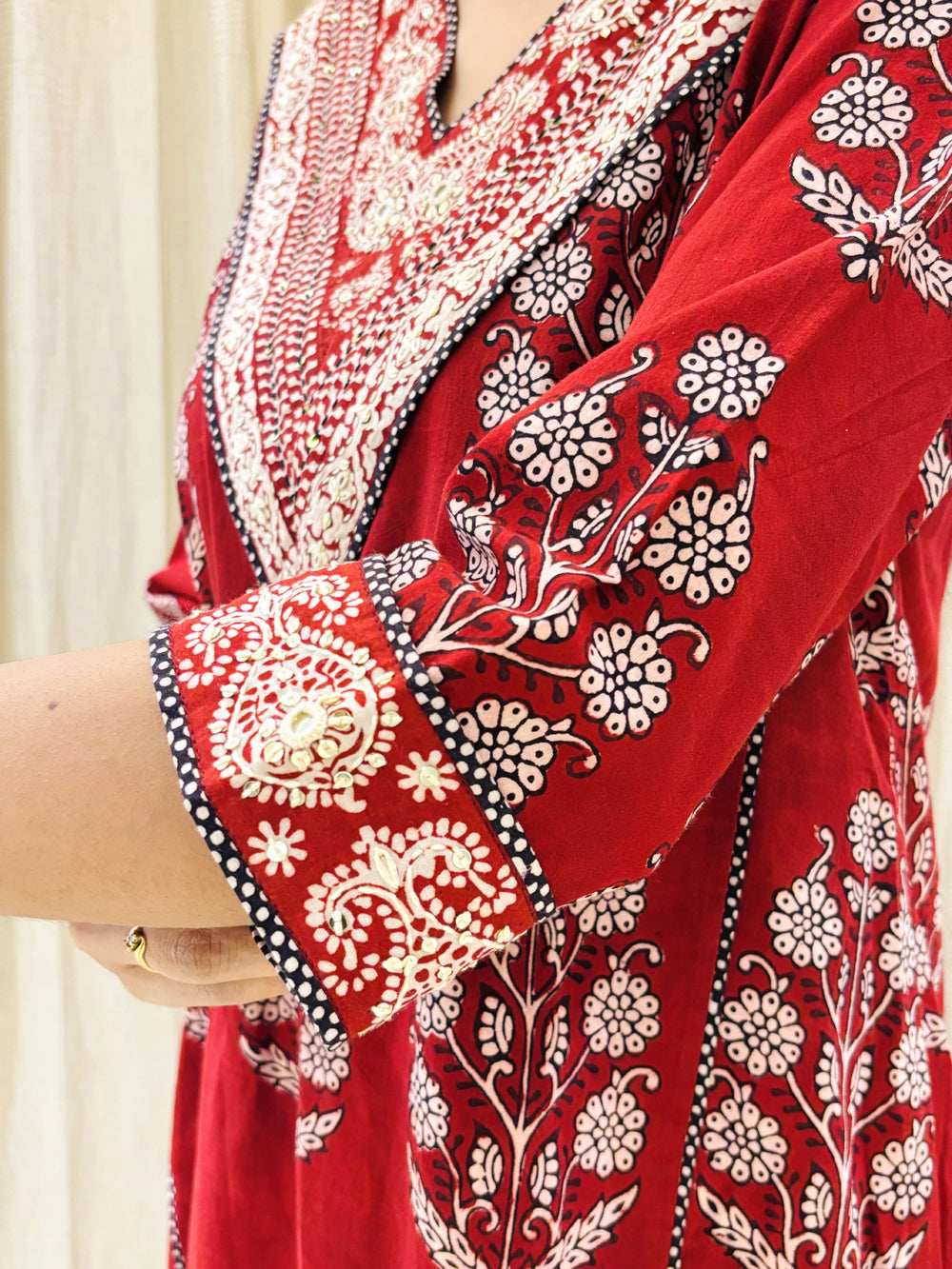 Red Bagh V neck Embroidered Kurta