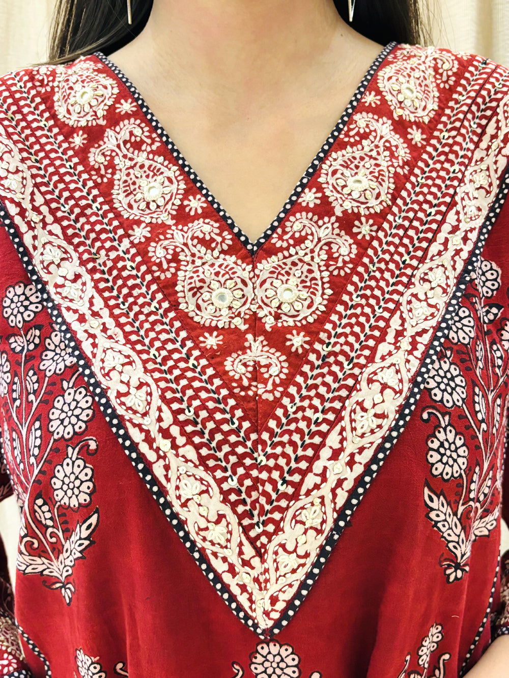 Red Bagh V neck Embroidered Kurta