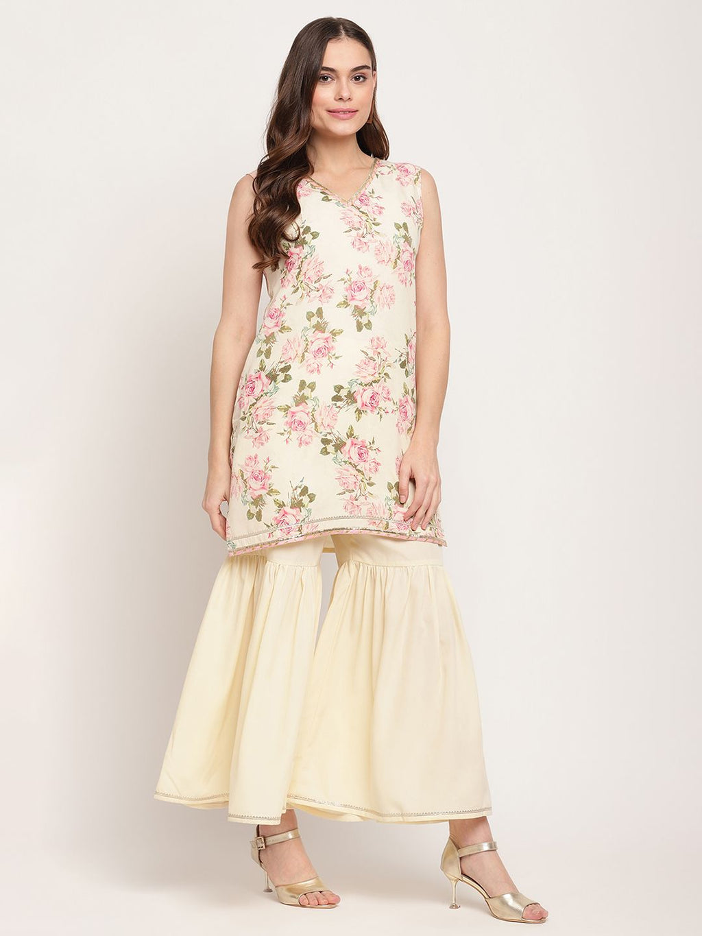 Women's Beige Digital Floral Print Sharara Set with Dupatta-AH