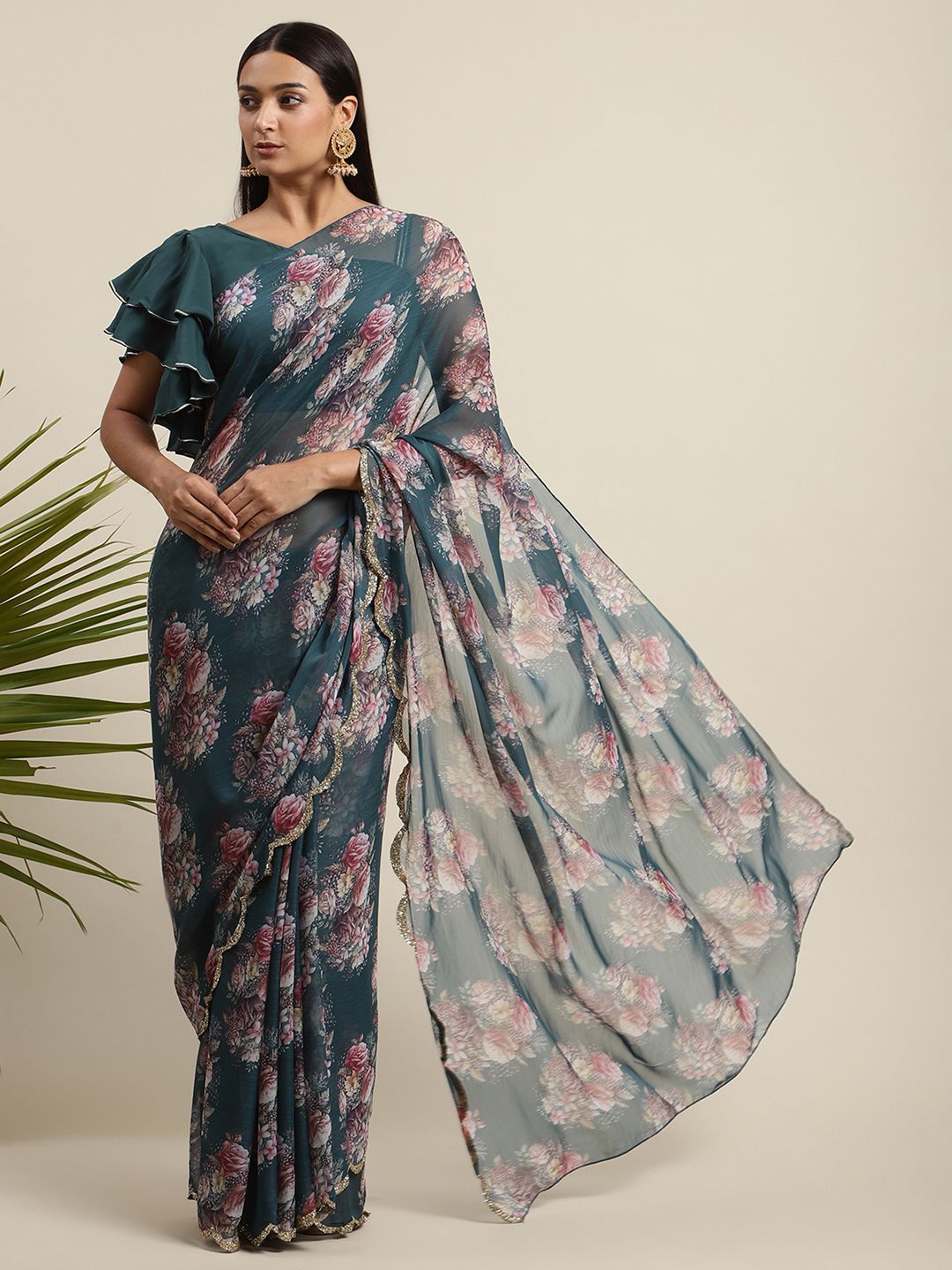 Green Chiffon Digital Print Floral Saree