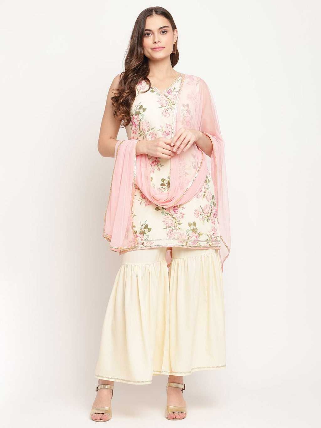 Women's Beige Digital Floral Print Sharara Set with Dupatta-AH