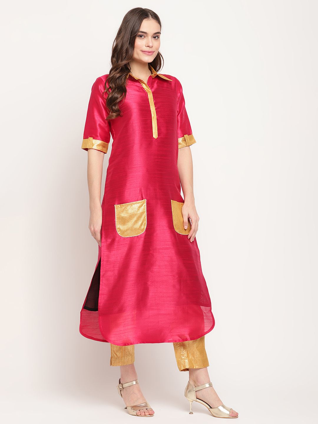 Dark Pink Poly Silk Kurta Trouser Set