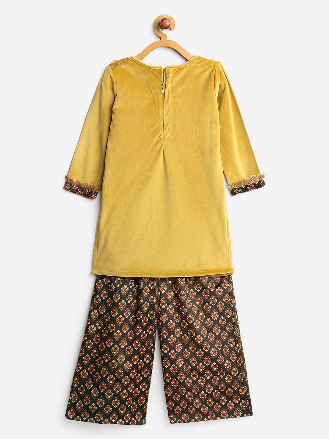 Mustard Yellow Digital Print Velvet Girls Kurta Palazzo Set