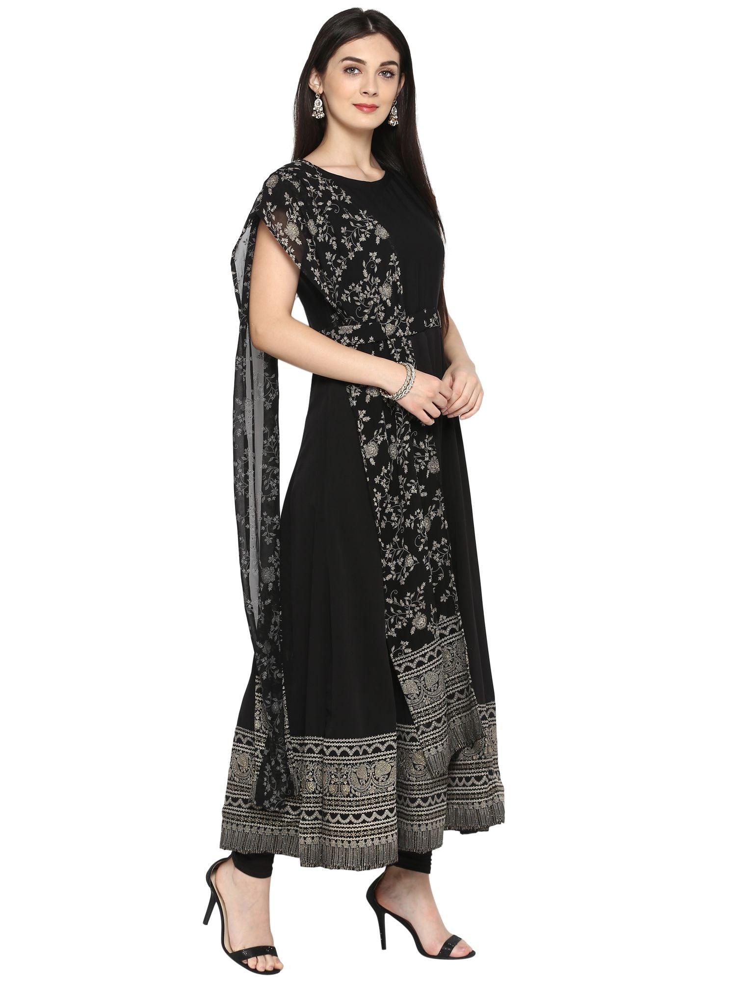 Black Printed Kurta with Attached Dupatta