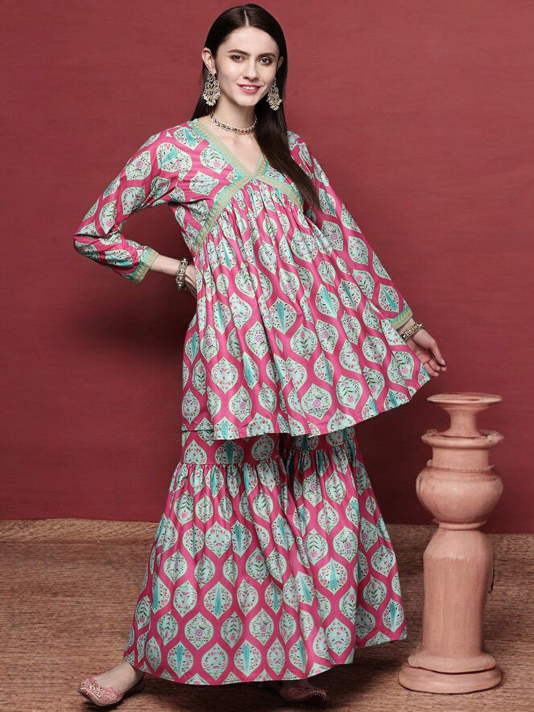 Pink Gotta Patti Velvet Kurta with Palazzos