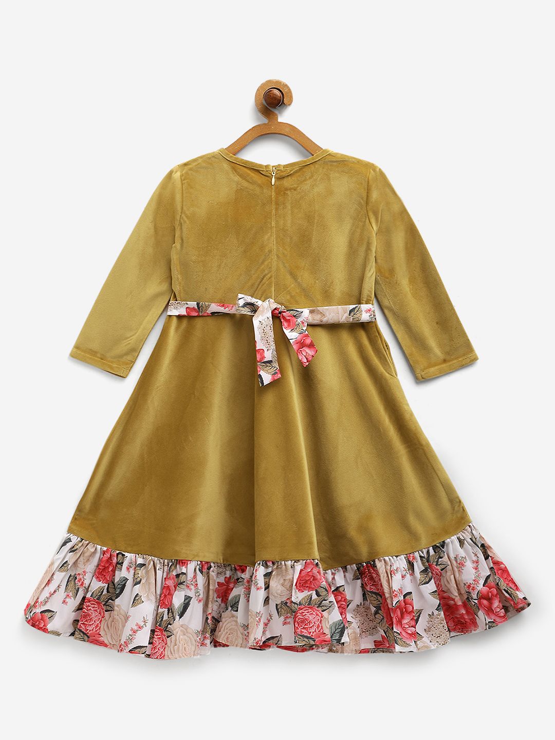 Mustard Velvet Plain Girls Frilled Kurta