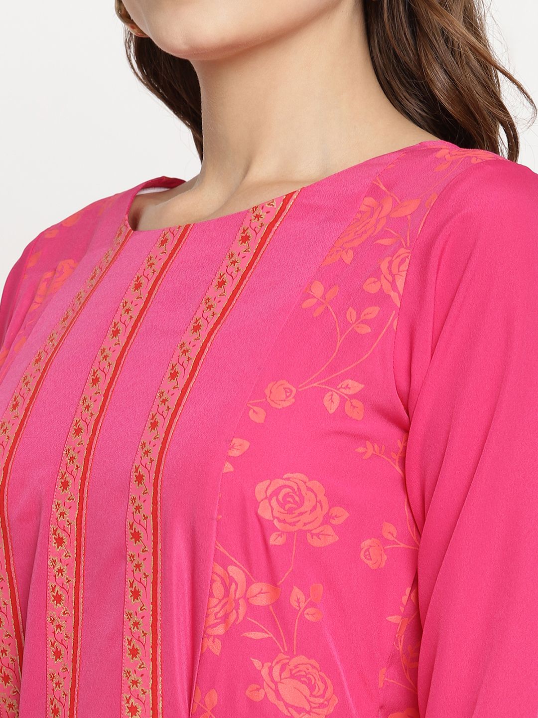 Dark Pink Printed Layered Tie- Ups Dress