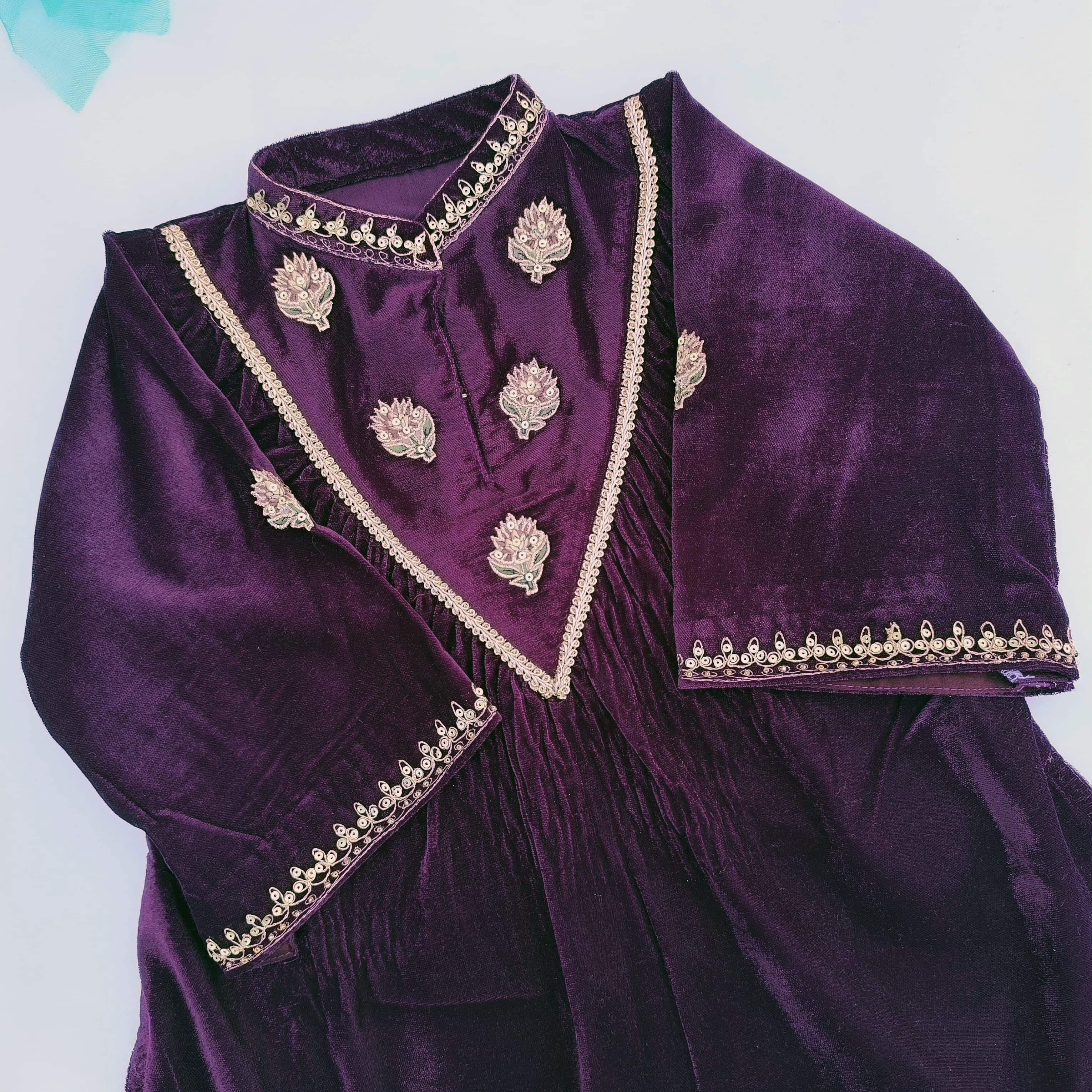 Purple Velvet Buti Print Kurta for Girls