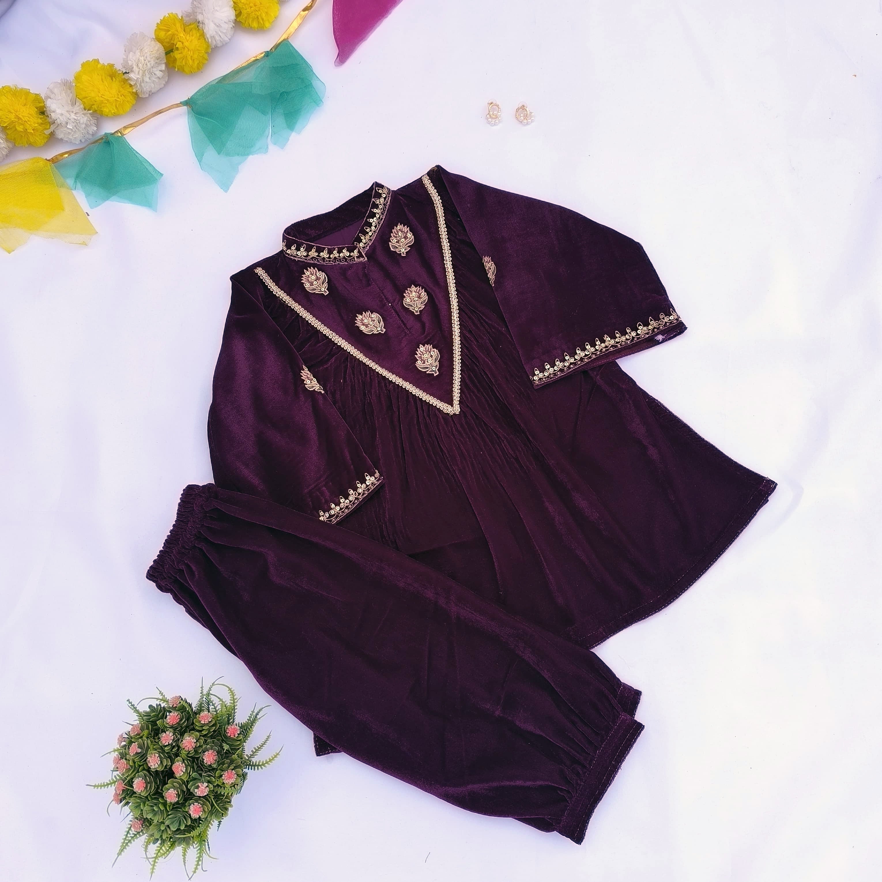 Purple Velvet Buti Print Kurta for Girls