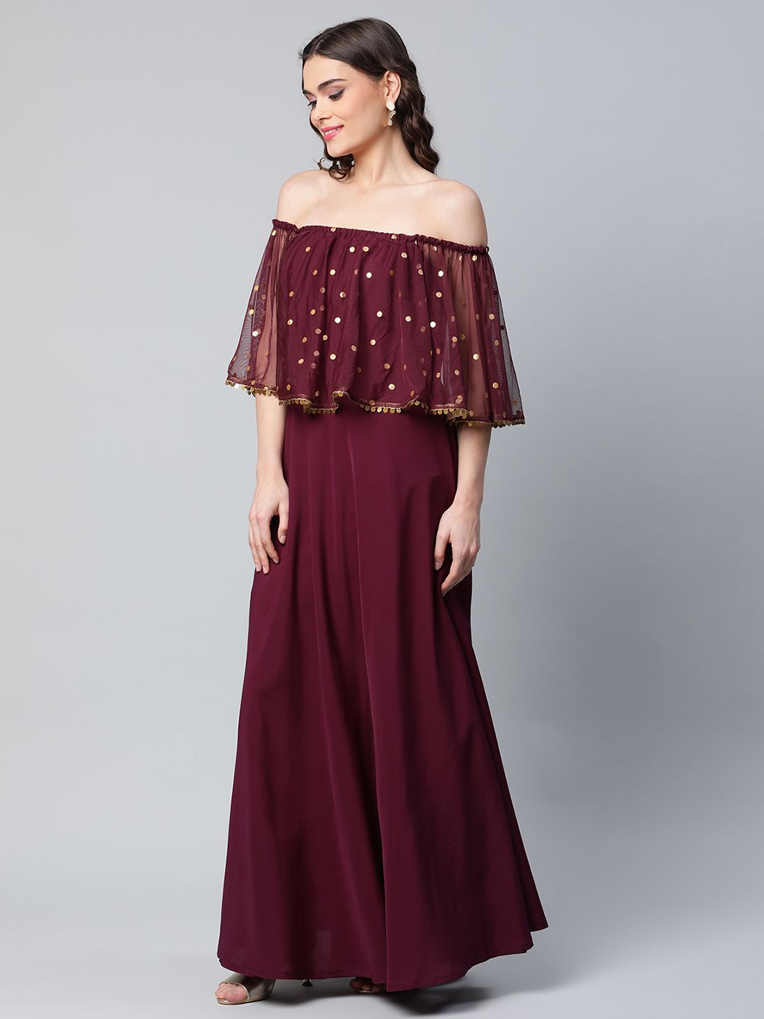 Burgundy & Gold Net Printed Dress