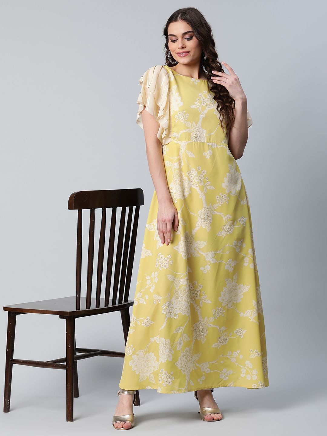 Lemon Yellow Crepe Floral Dress