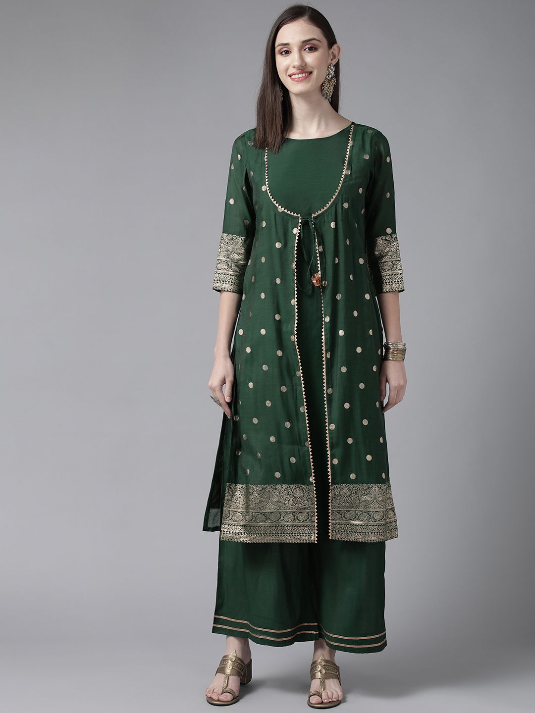 Dark Green Chanderi Gold Printed Kurta Palazzo Set