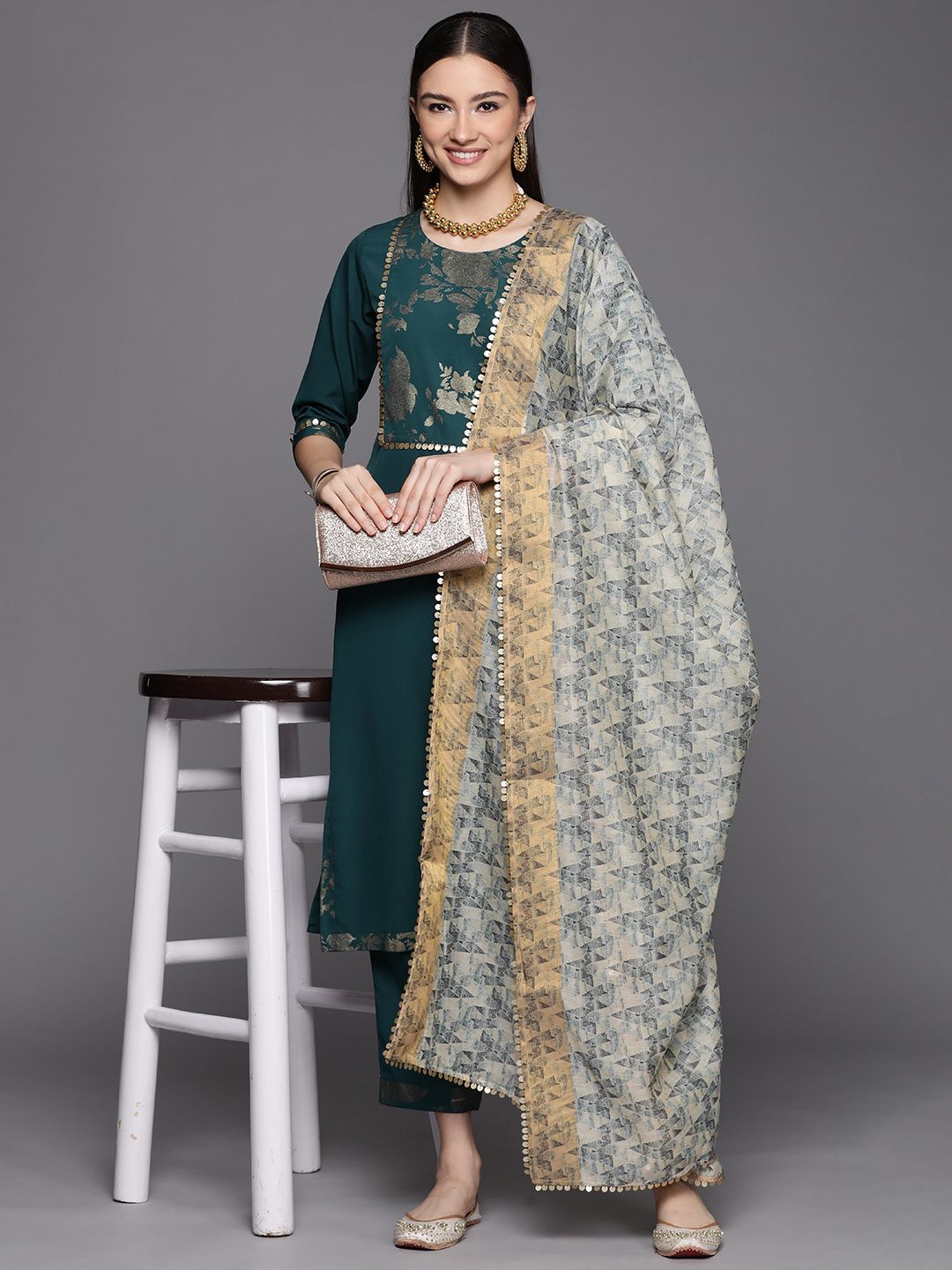 Dark Green Printed Kurta Pant Set With Dupatta