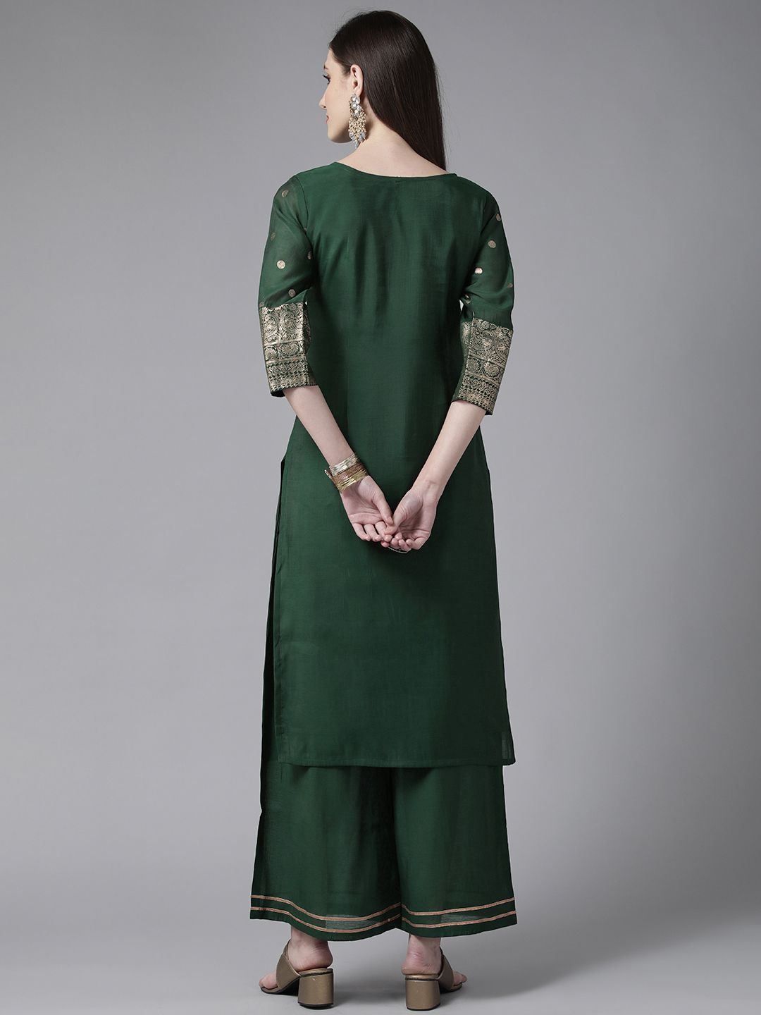 Dark Green Chanderi Gold Printed Kurta Palazzo Set