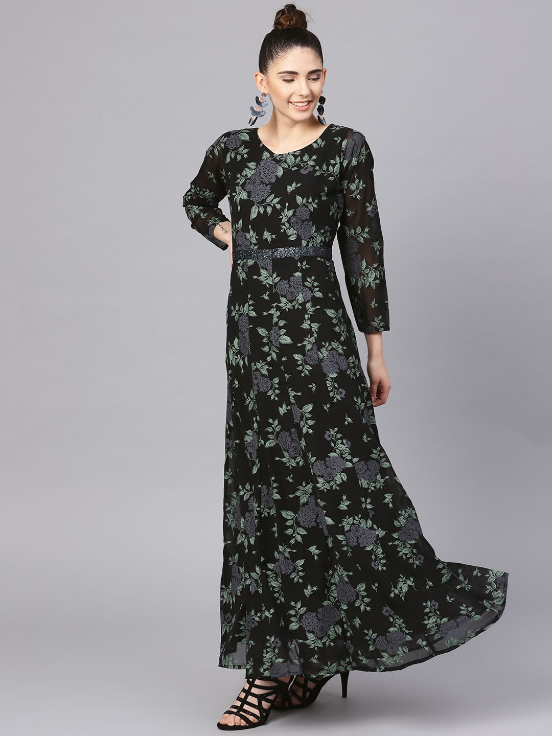 Black Printed Georgette Anarkali Kurta With Dupatta