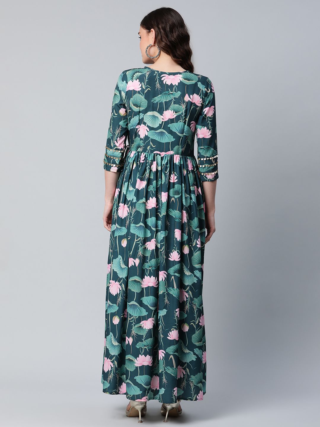 Dark Green Digital Print Flared Dress