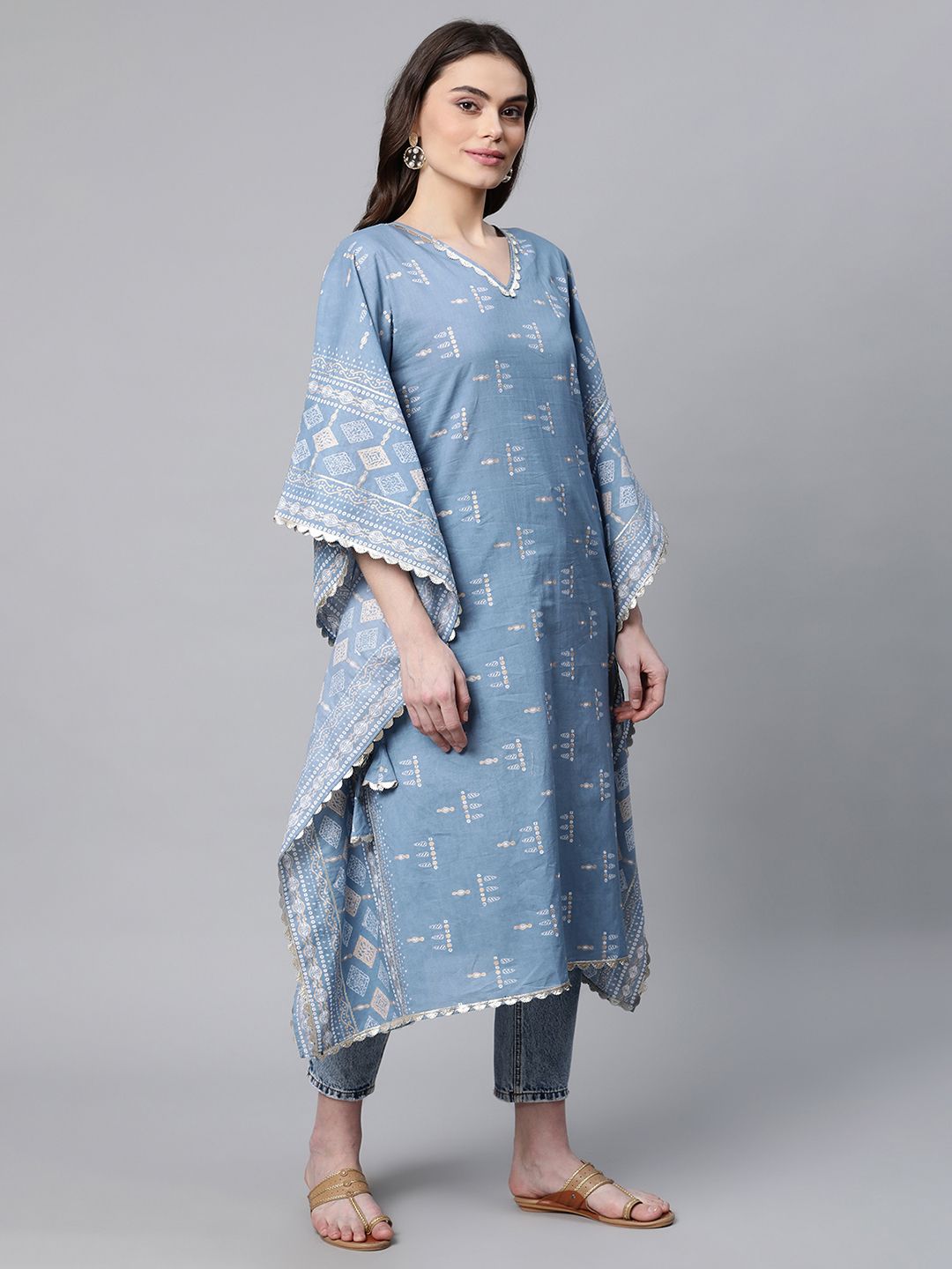 Blue Pure Cotton Printed Kaftan Kurta