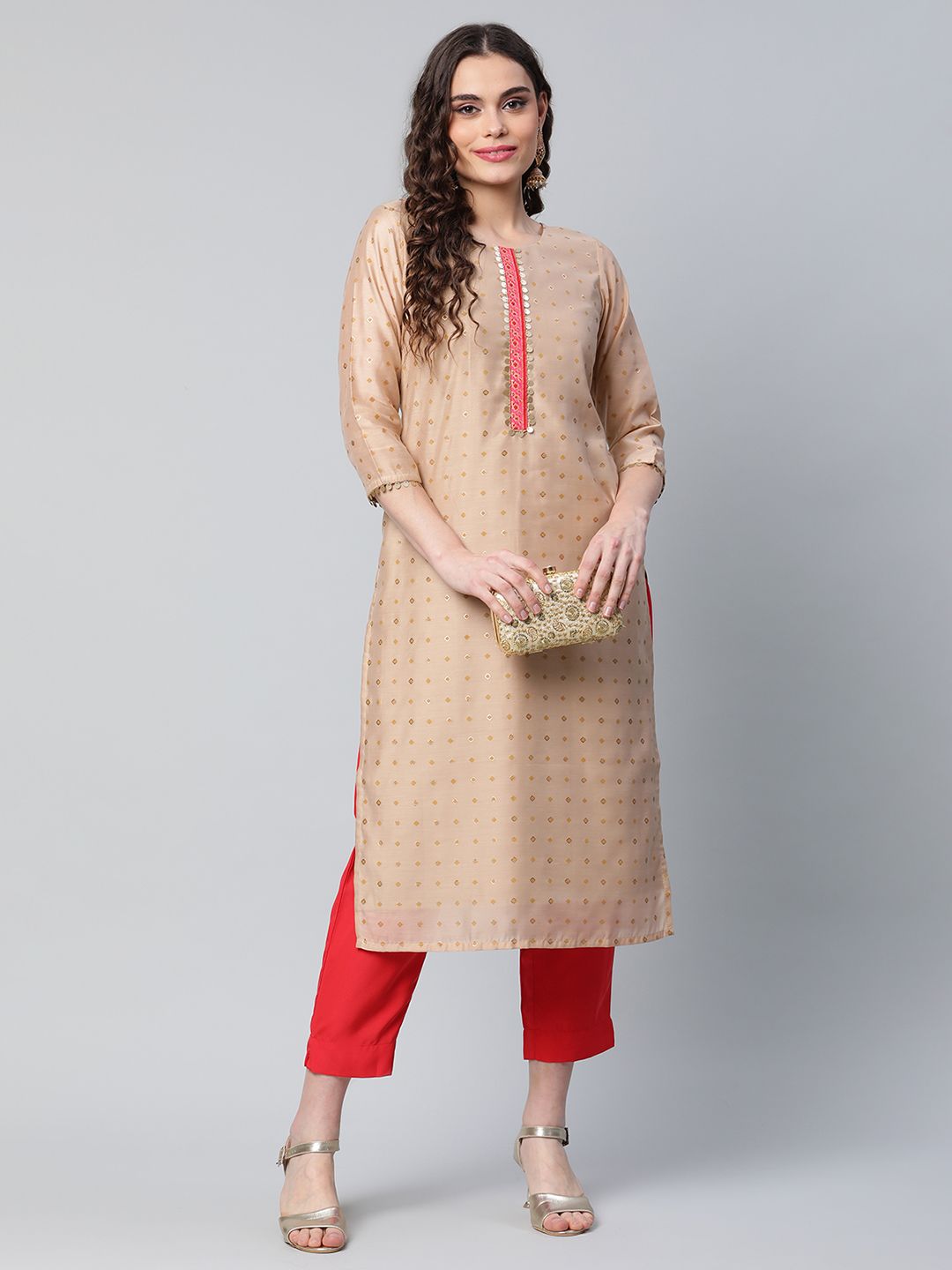 Beige & Red Chanderi Printed Kurta Pant Set