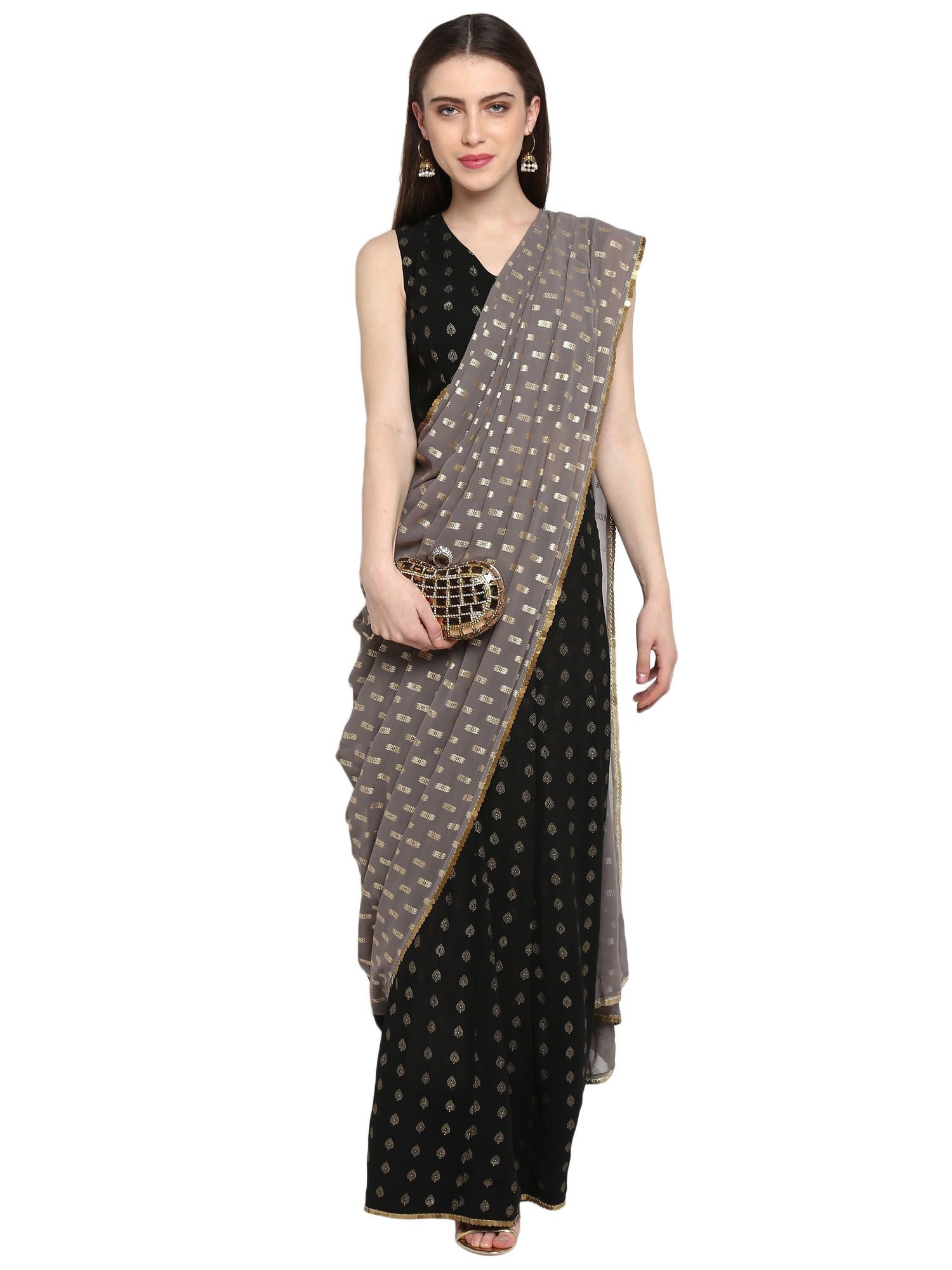 Black Georgette Foil Print Ready to Wear Saree