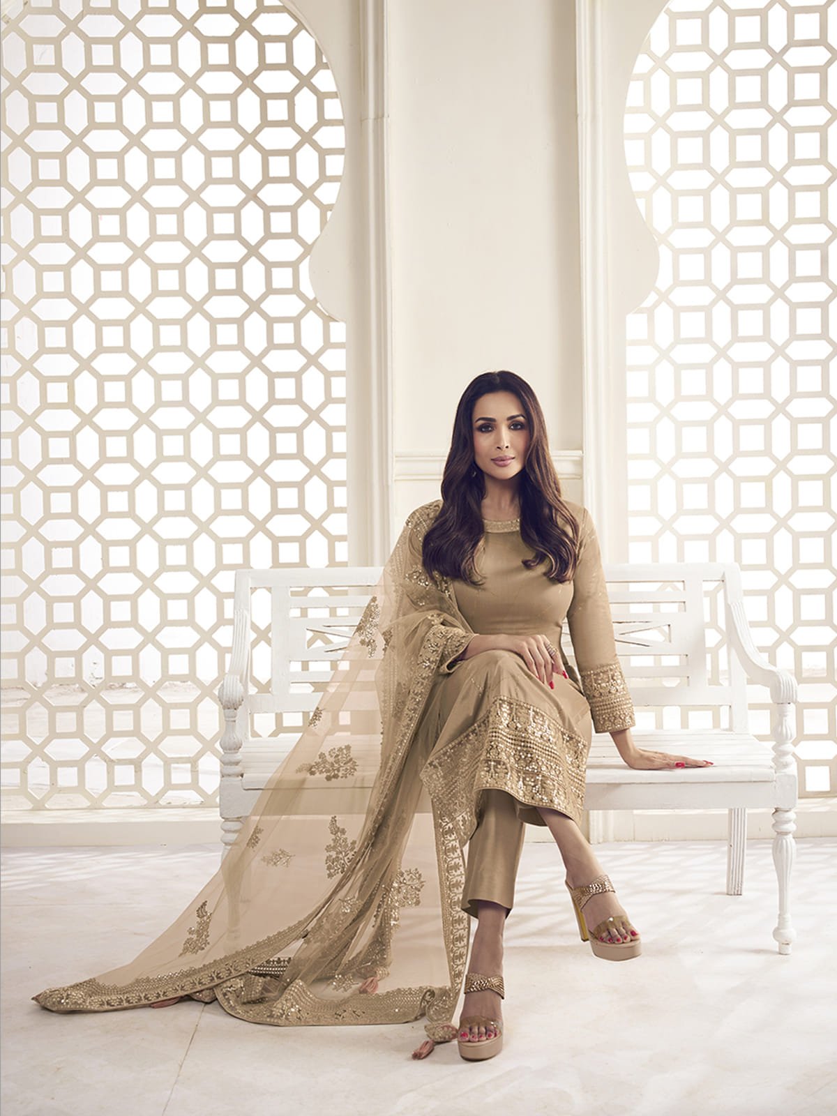 Malaika Arora Beige Floral Thread and Sequines Embroidered Kurta Set - Inddus.in
