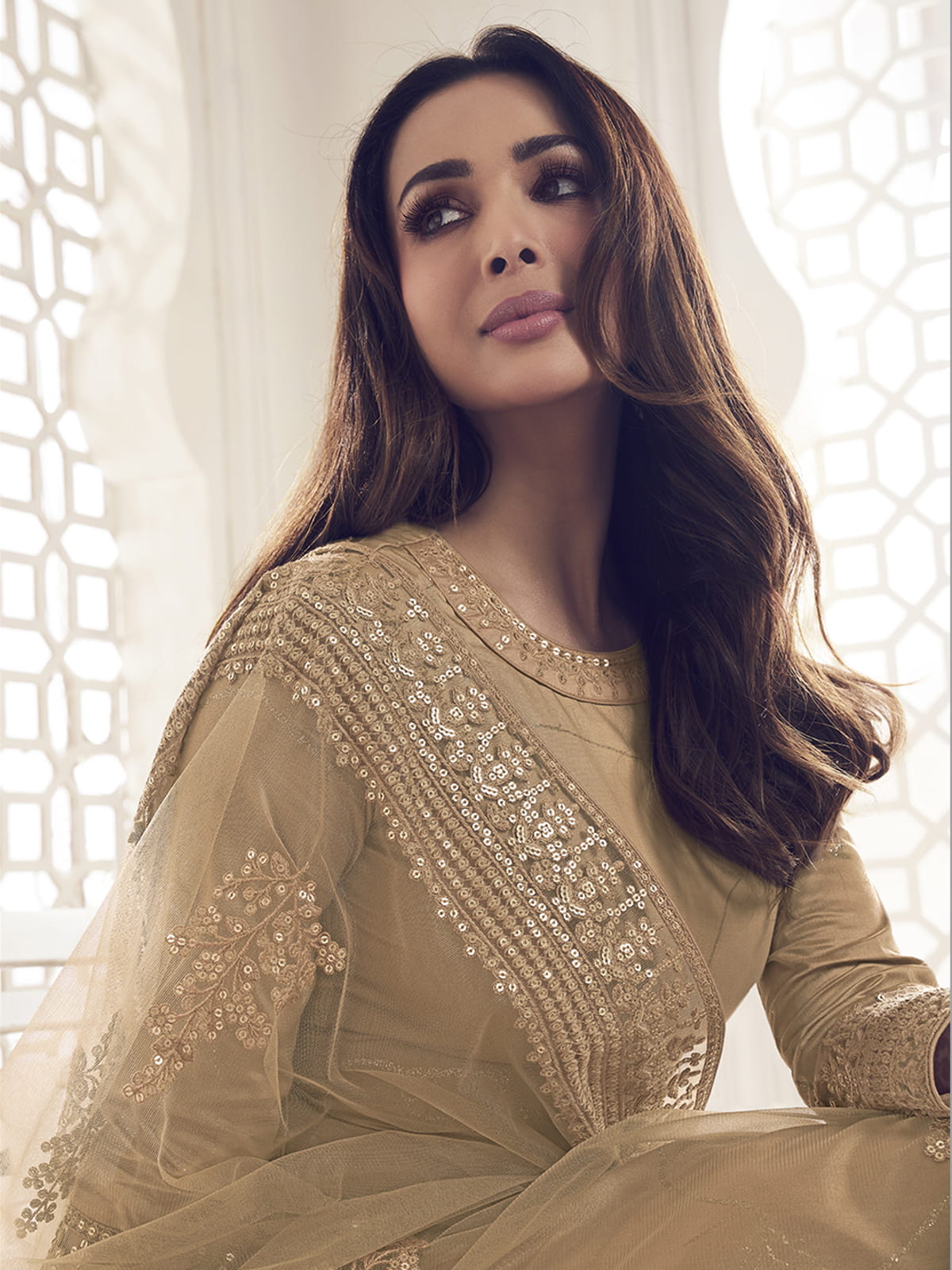 Malaika Arora Beige Floral Thread and Sequines Embroidered Kurta Set - Inddus.in