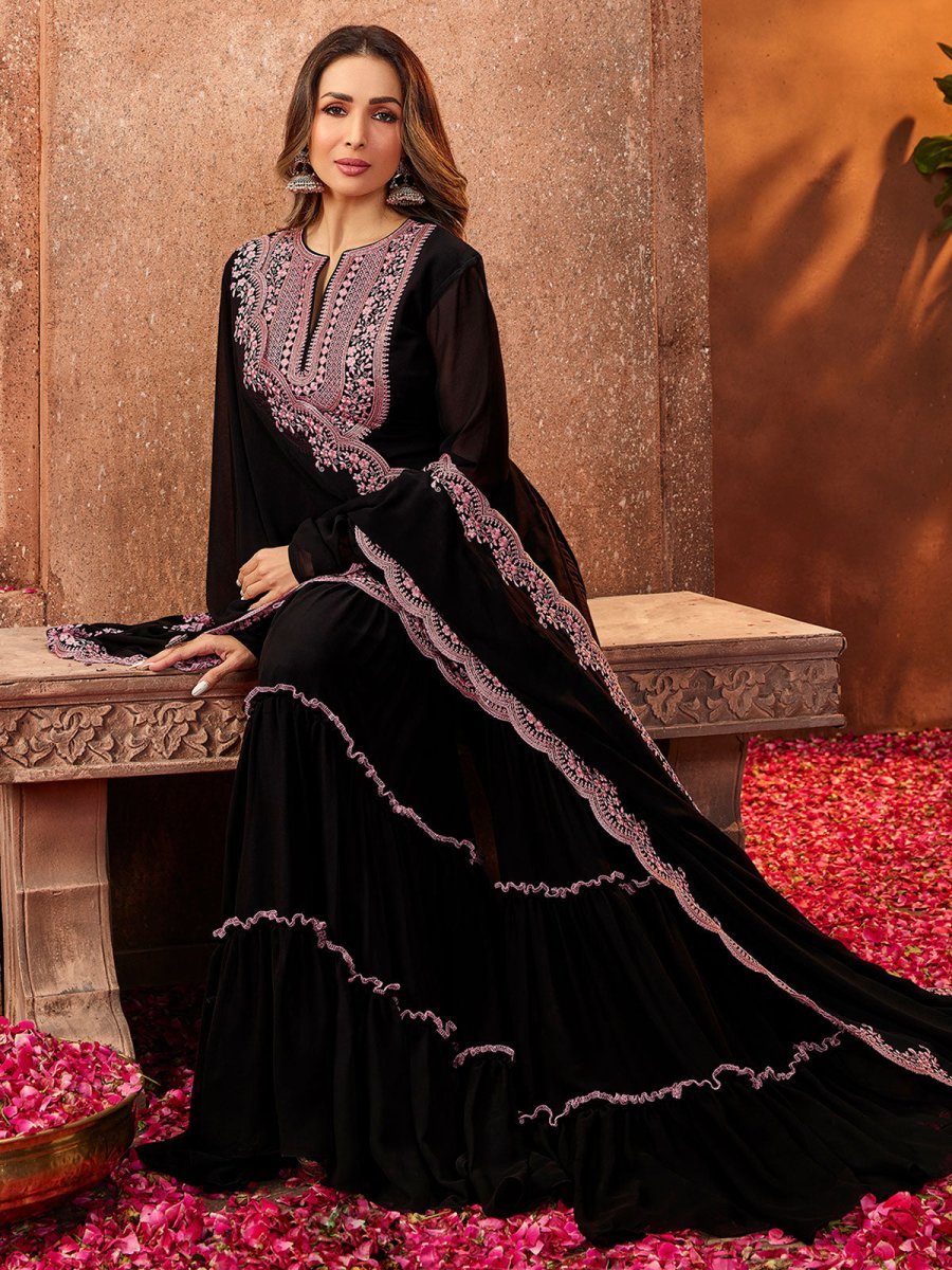 Malaika Arora Black Ethnic Motifs Thread Work Kurta with Skirt & Dupatta - Inddus.in
