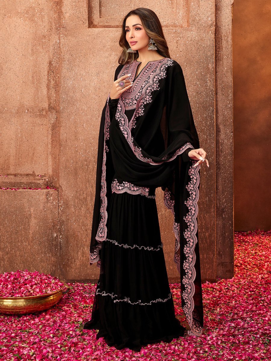 Malaika Arora Black Ethnic Motifs Thread Work Kurta with Skirt & Dupatta - Inddus.in