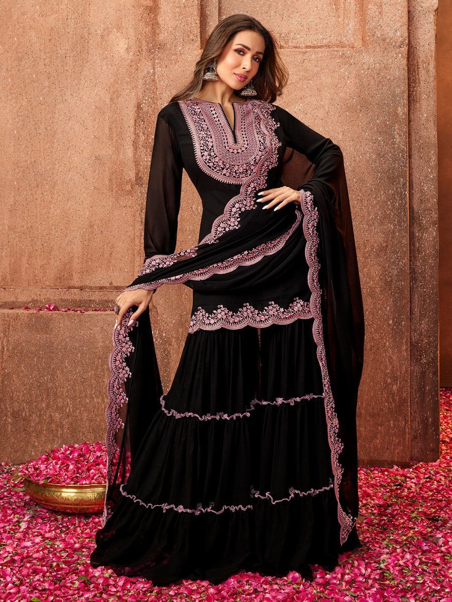 Malaika Arora Black Ethnic Motifs Thread Work Kurta with Skirt & Dupatta - Inddus.in