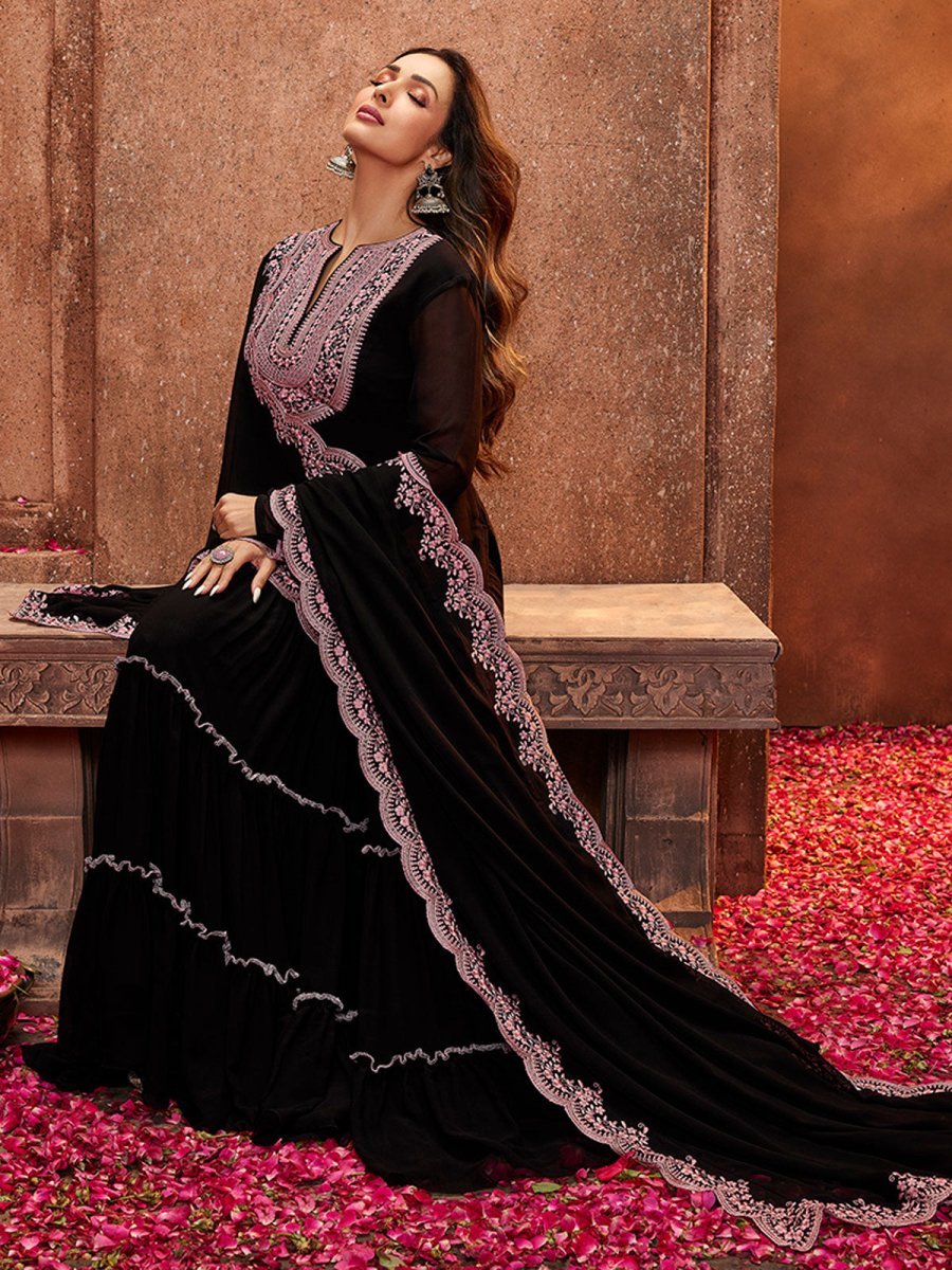 Malaika Arora Black Ethnic Motifs Thread Work Kurta with Skirt & Dupatta - Inddus.in
